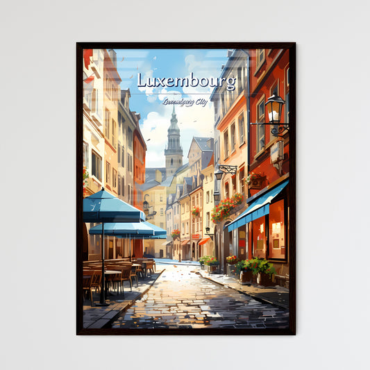 Luxembourg City, Luxembourg - Art print of a street with tables and umbrellas Framed Art