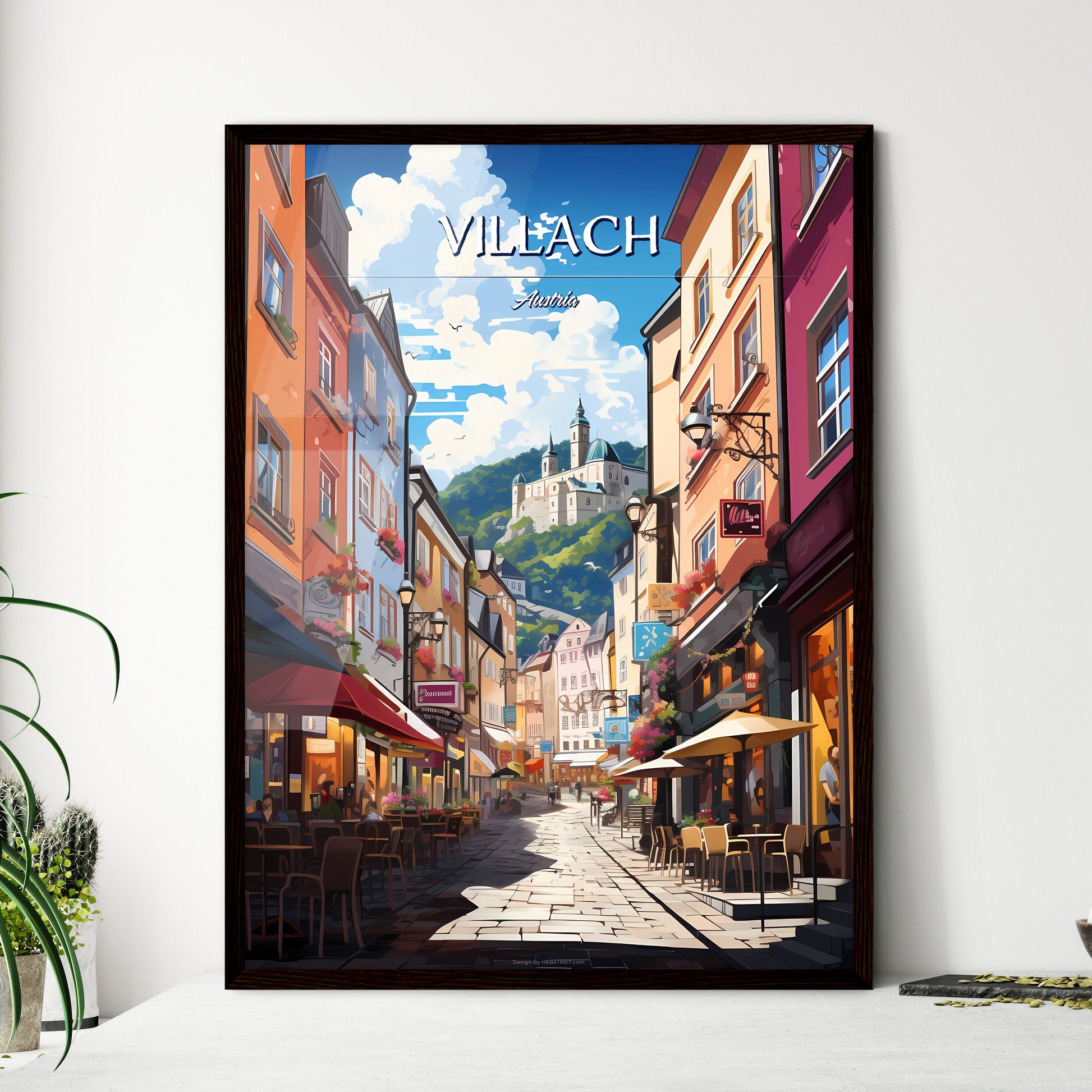 Villach, Austria - Art print of a street with tables and chairs in a city Framed Art