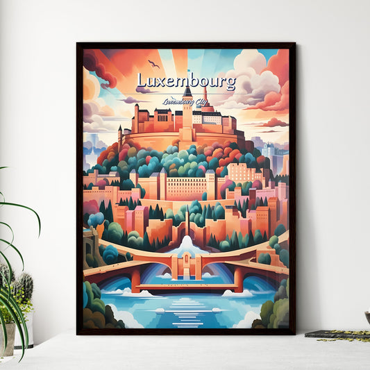 Luxembourg City, Luxembourg - Art print of a painting of a castle on a hill with a bridge and trees Framed Art