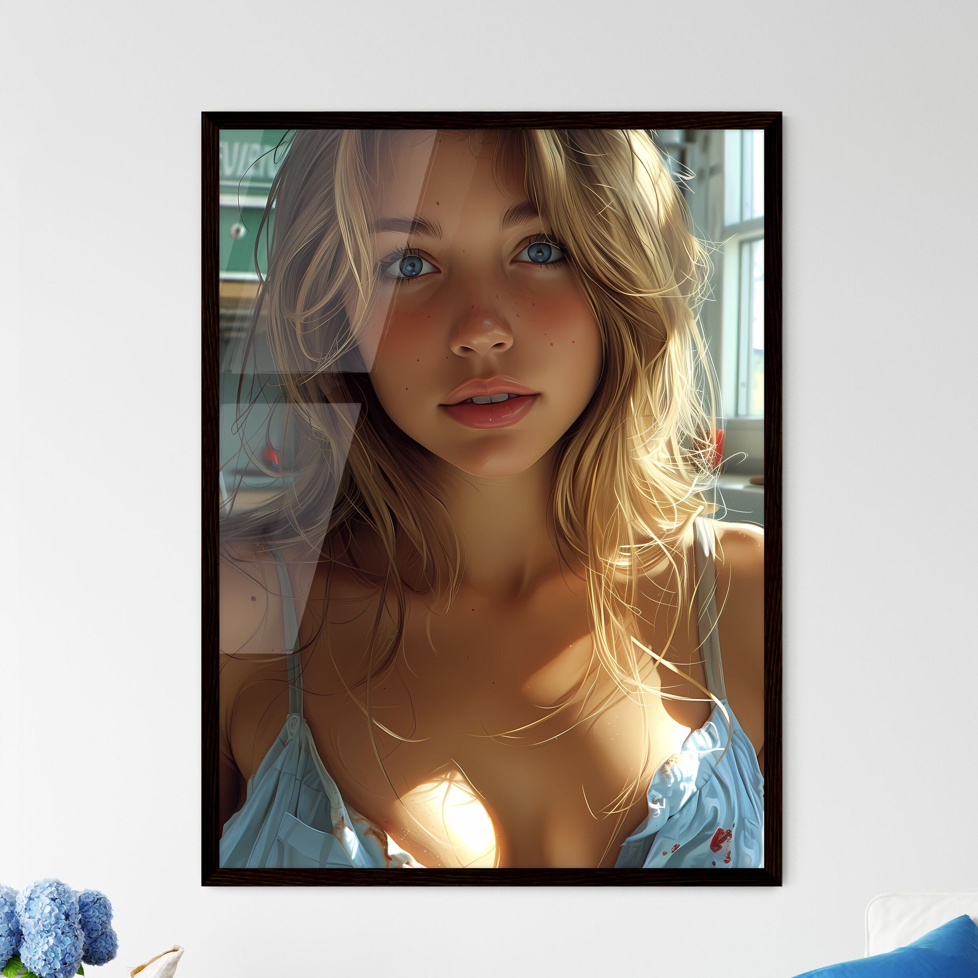 Full body shot pin up garage worker girl - Framed Art Print