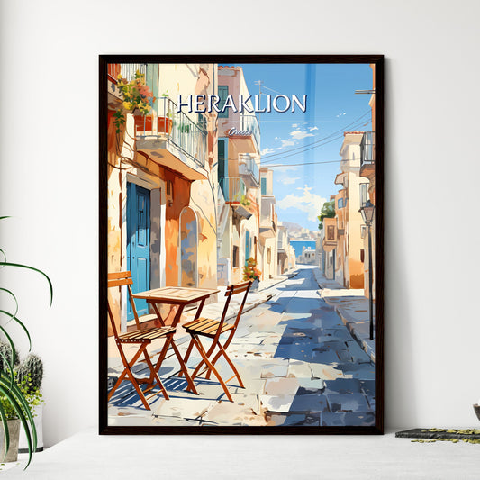 Heraklion, Greece - Art print of a table and chairs in a street Framed Art