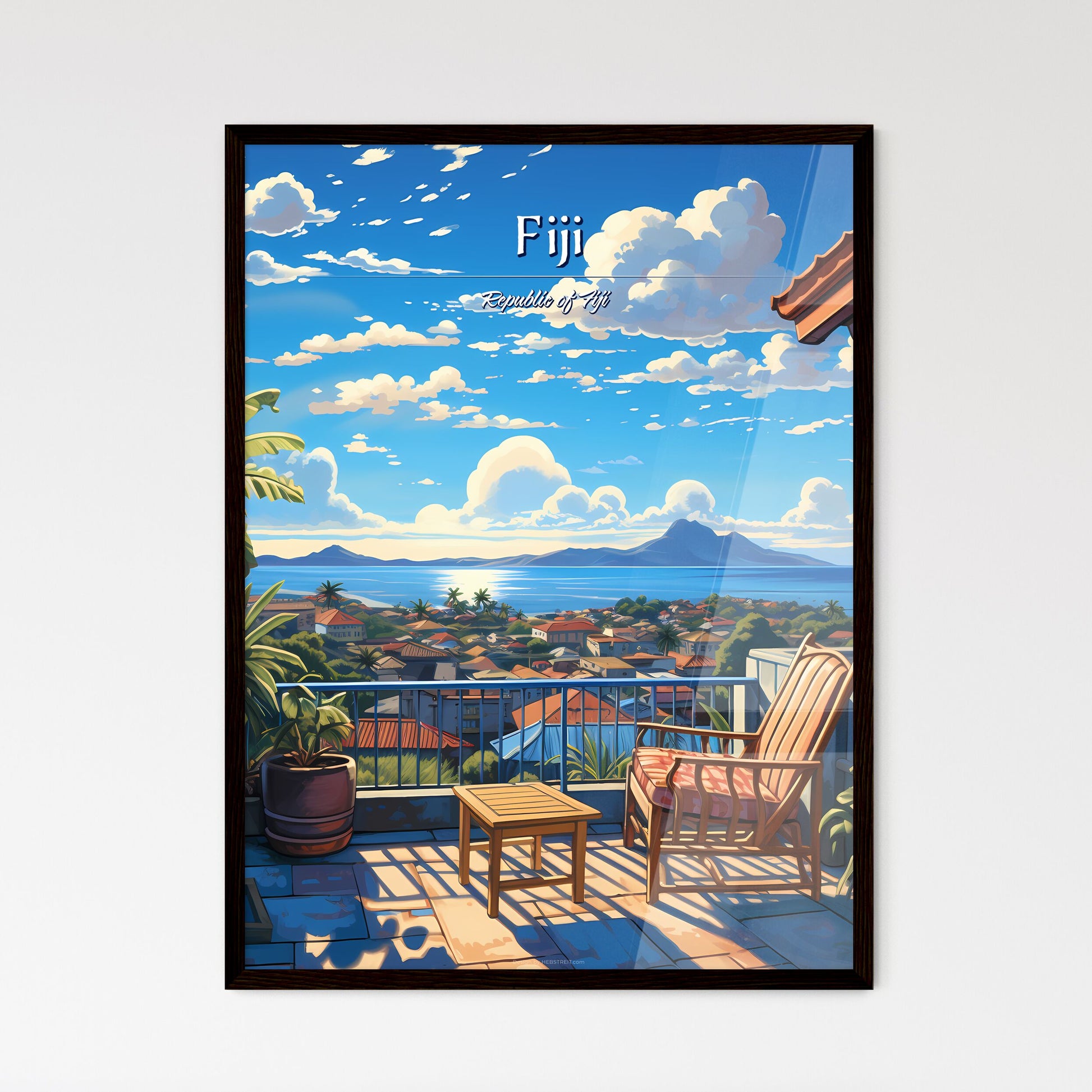 On the roofs of Fiji, Republic of Fiji - Art print of a balcony with a view of a city and mountains Default Title