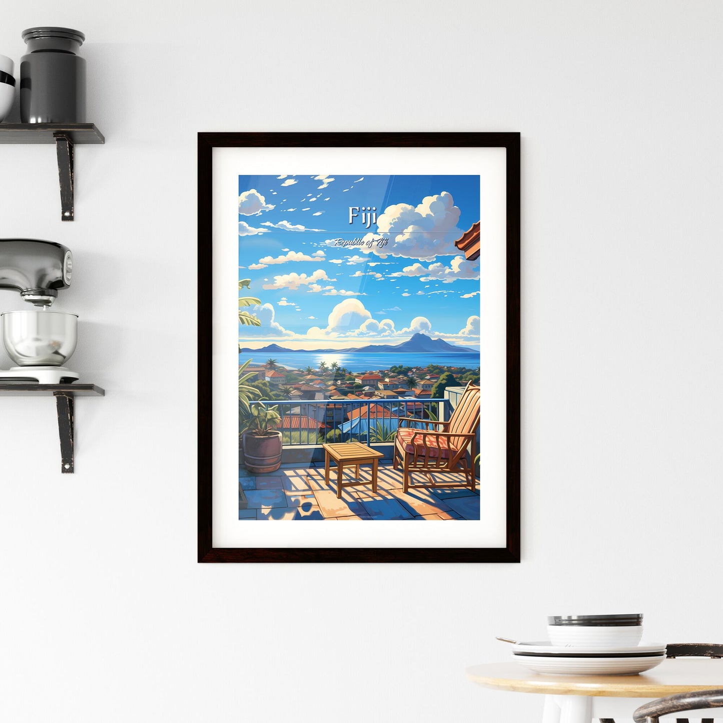 On the roofs of Fiji, Republic of Fiji - Art print of a balcony with a view of a city and mountains Default Title