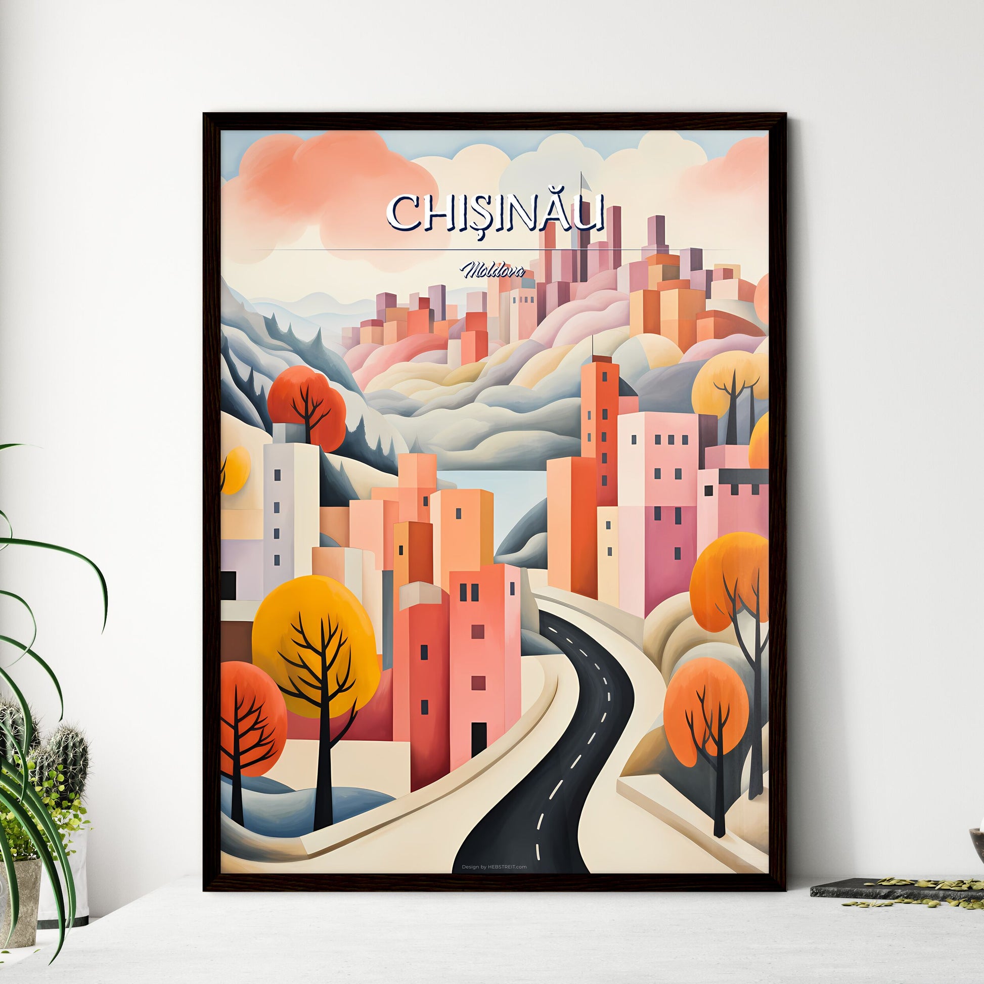 Chișinău, Moldova - Art print of a painting of a city with trees and mountains Framed Art