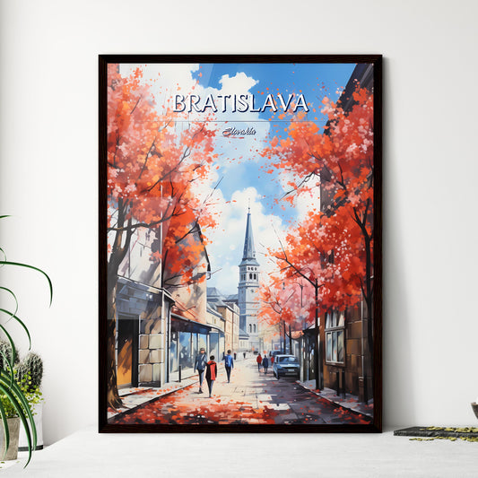 Bratislava, Slovakia - Art print of a street with trees and people walking on it Framed Art