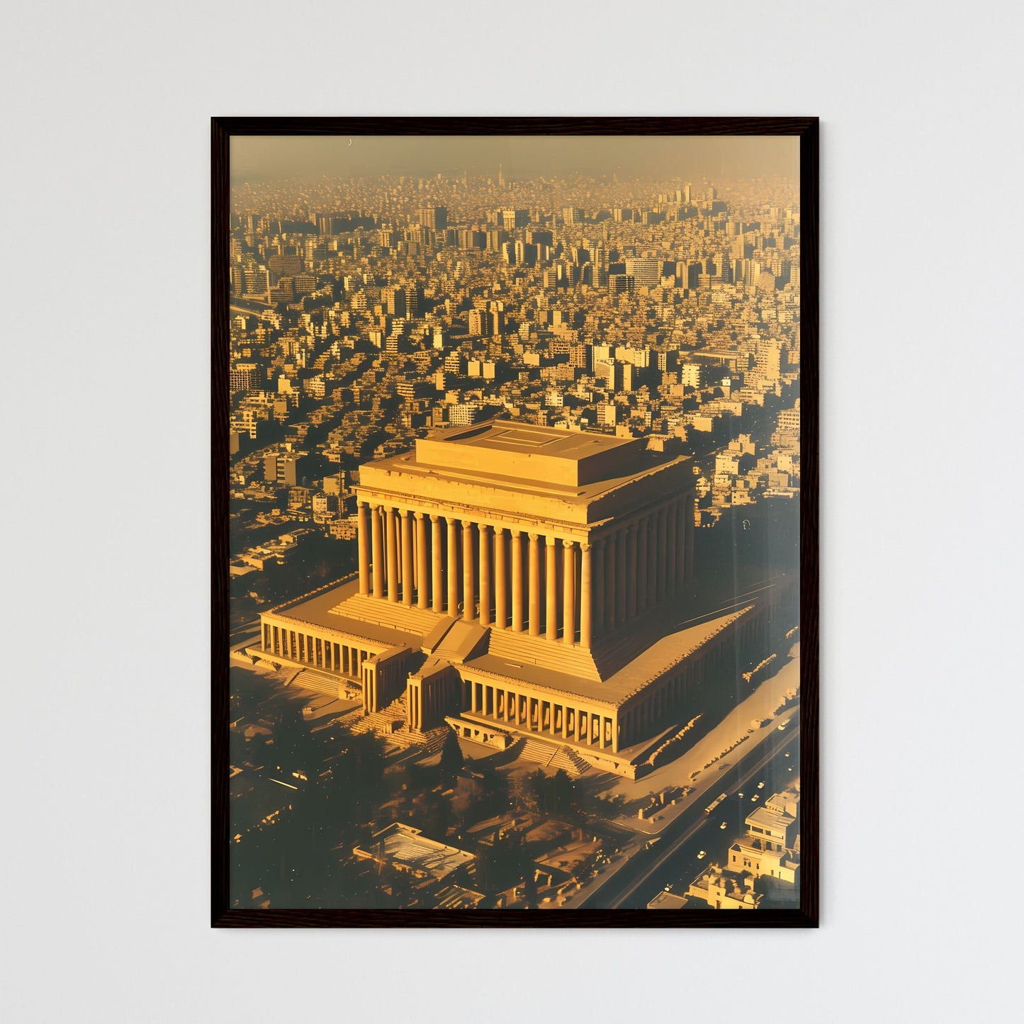 In ancient babylon, there a very wide temple structure in the middle of the walled city - Art print of a large building with columns and a large city Framed Art