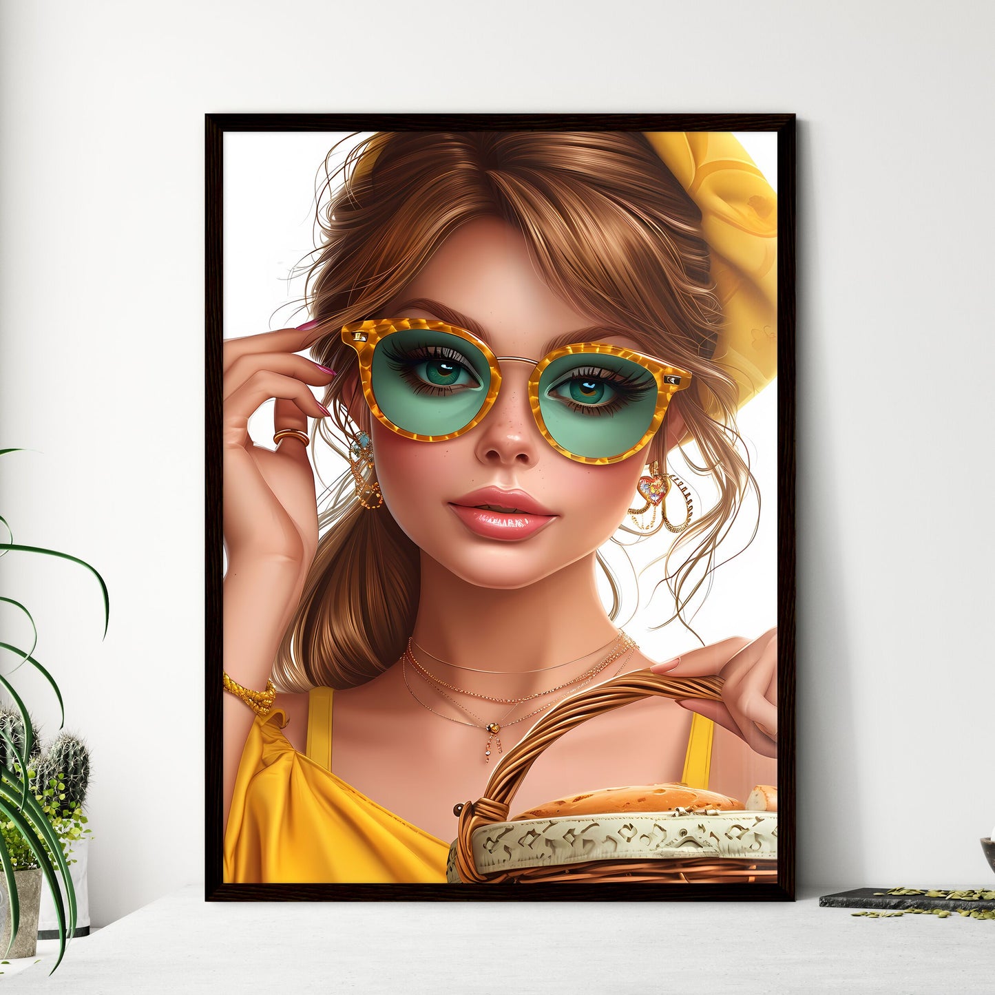 Stunning girl holding picknic basket - Art p - Framed Art Print