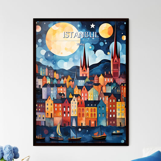 Istanbul, Turkey - Art print of a painting of a city at night Framed Art