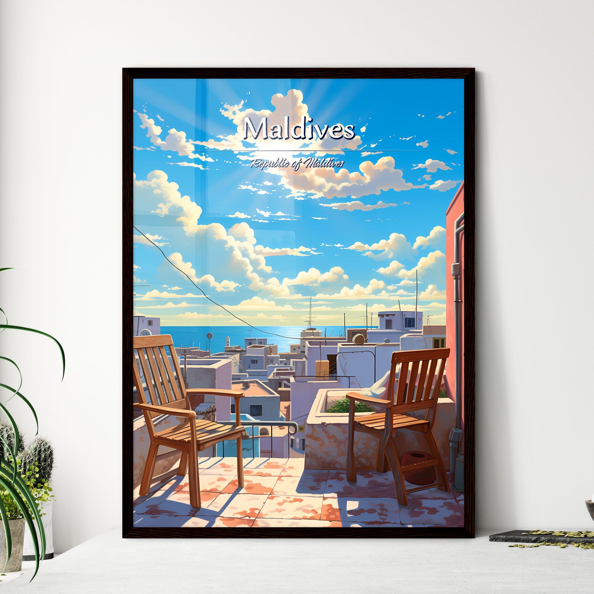On the roofs of Maldives, Republic of Maldives - Art print of a two chairs on a rooftop overlooking a city Framed Art