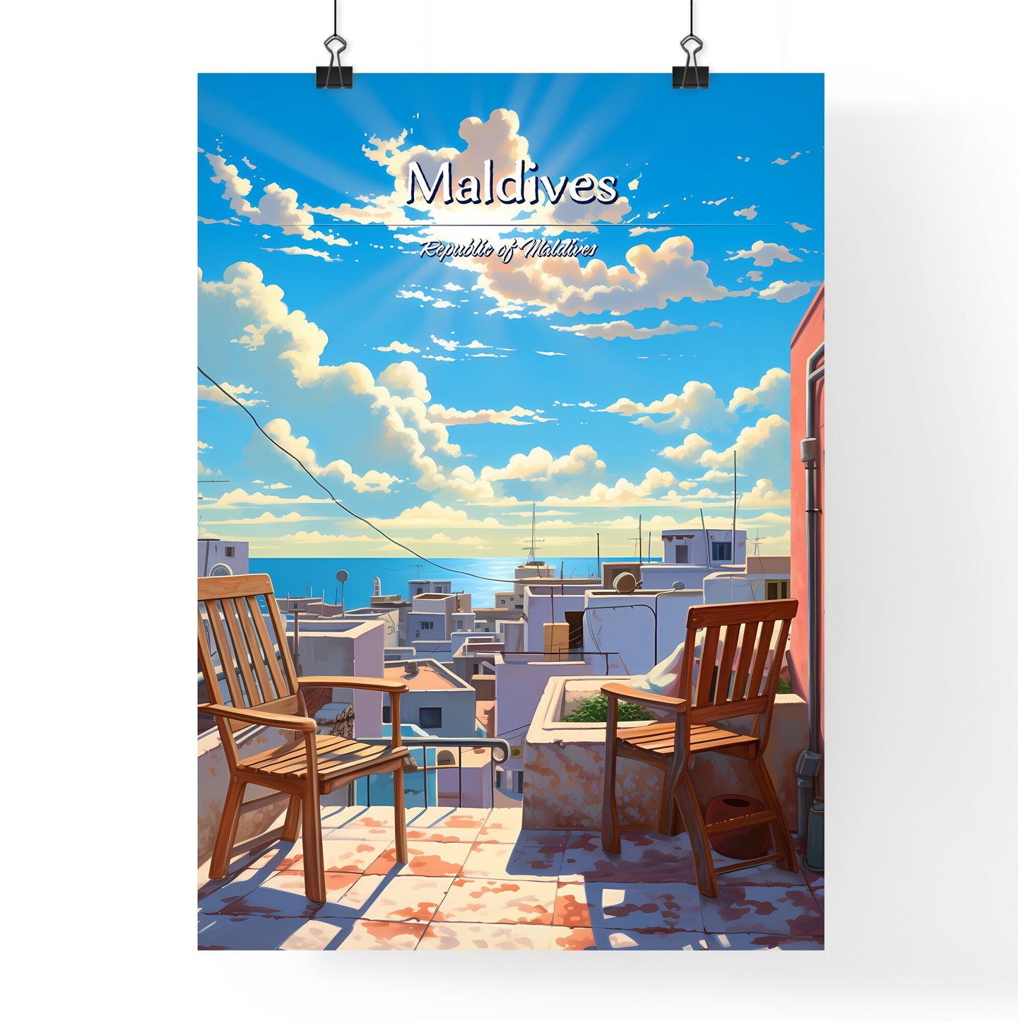 On the roofs of Maldives, Republic of Maldives - Art print of a two chairs on a rooftop overlooking a city Default Title