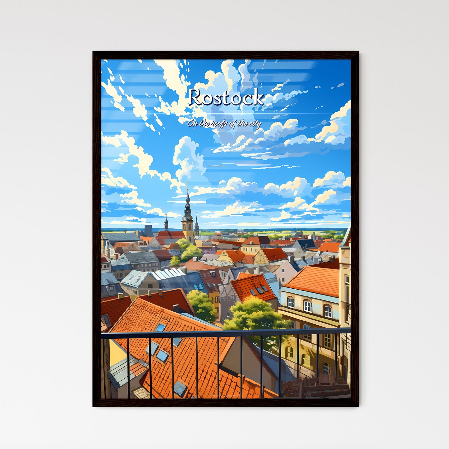 On the roofs of Rostock - Art print of a view of a city from a balcony Framed Art