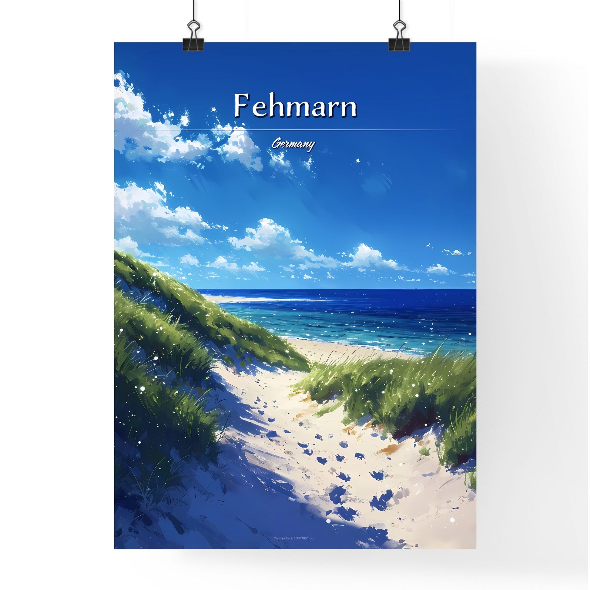 Fehmarn Südstrand, Germany (Baltic Sea) - Art print of a beach with grass and blue water Default Title