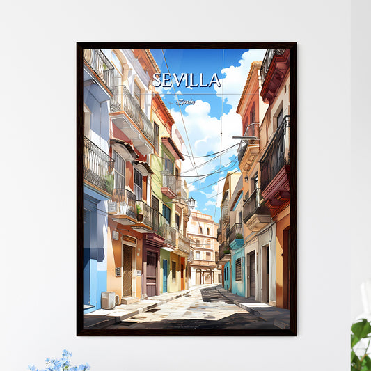 Sevilla, Spain - Art print of a street with buildings and a street with a blue sky and clouds Framed Art