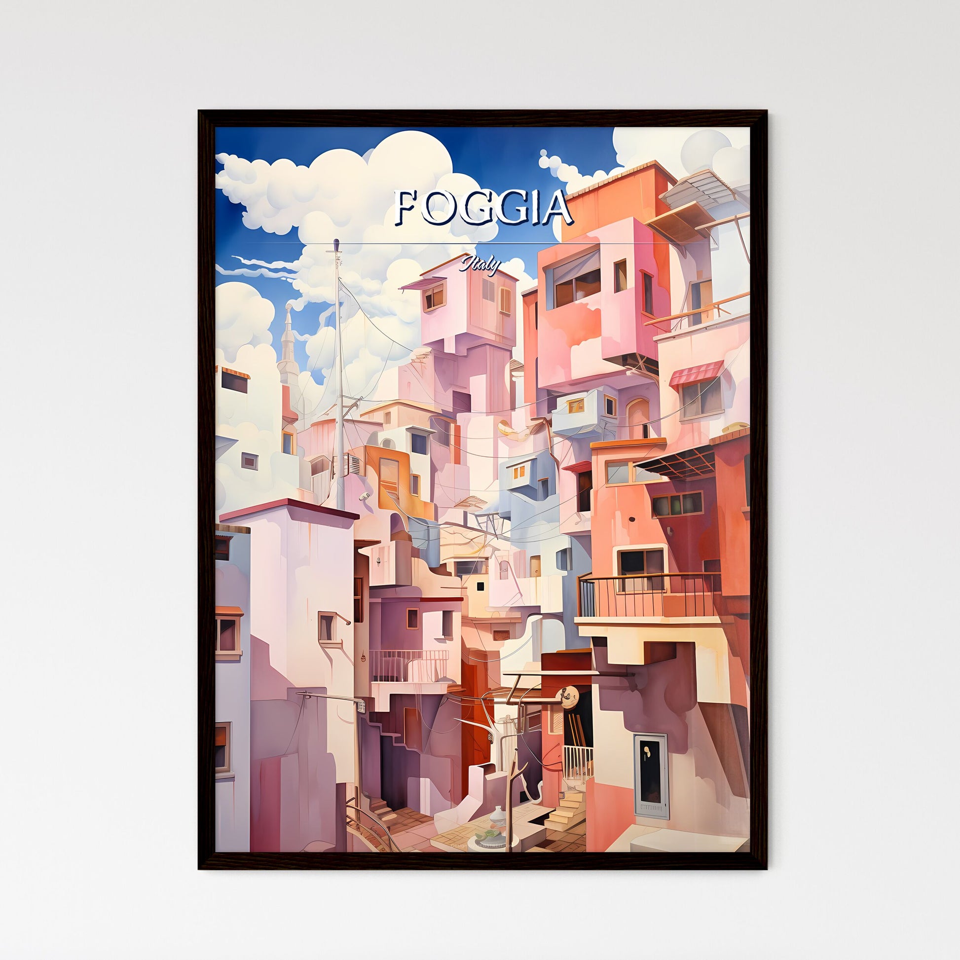 Foggia, Italy - Art print of a colorful buildings with clouds in the sky Framed Art
