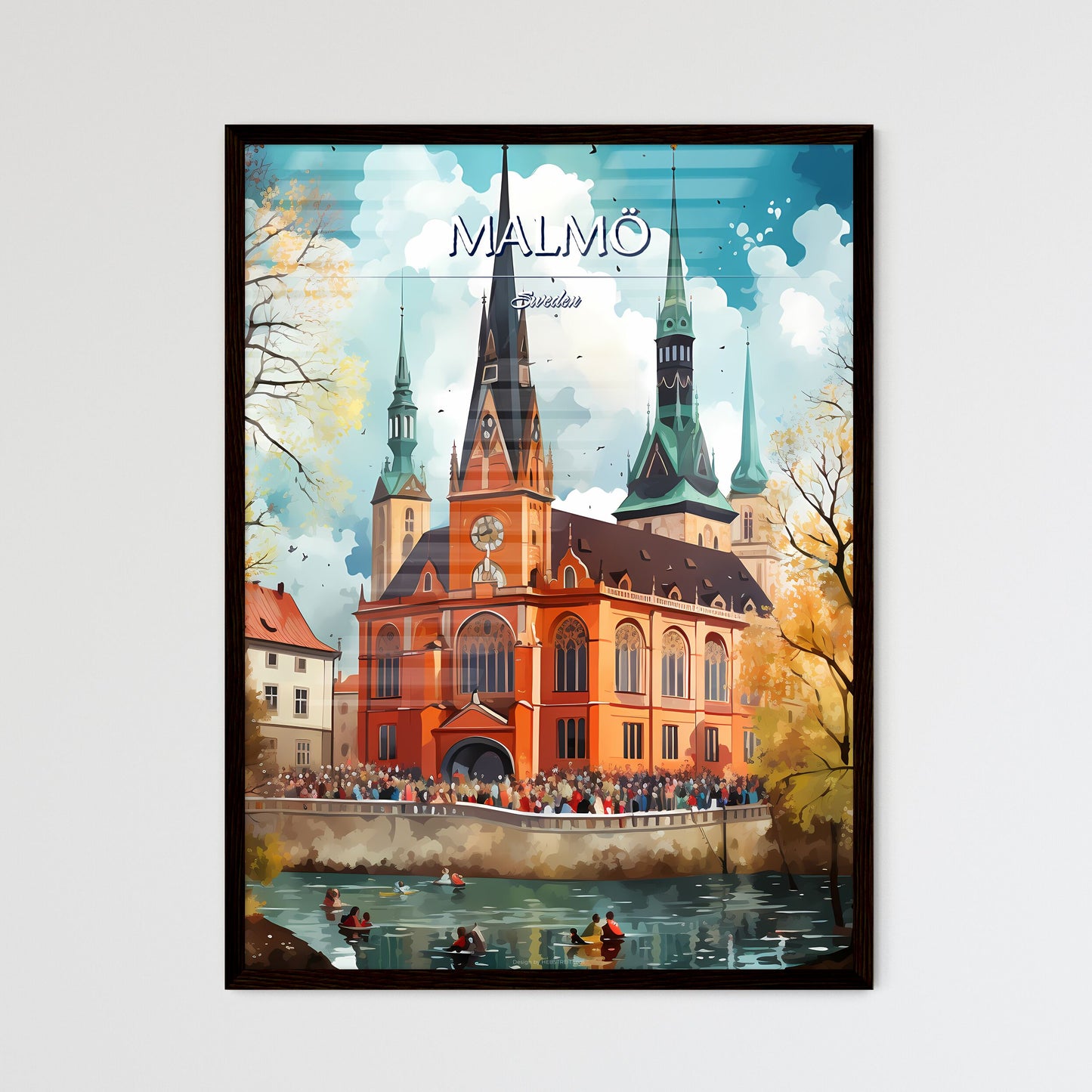 Malmö, Sweden, - Art print of a large building with a clock tower and a crowd of people Framed Art