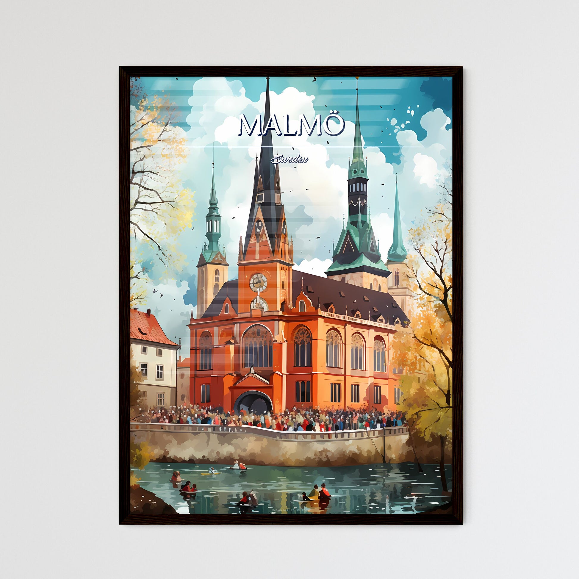Malmö, Sweden, - Art print of a large building with a clock tower and a crowd of people Framed Art