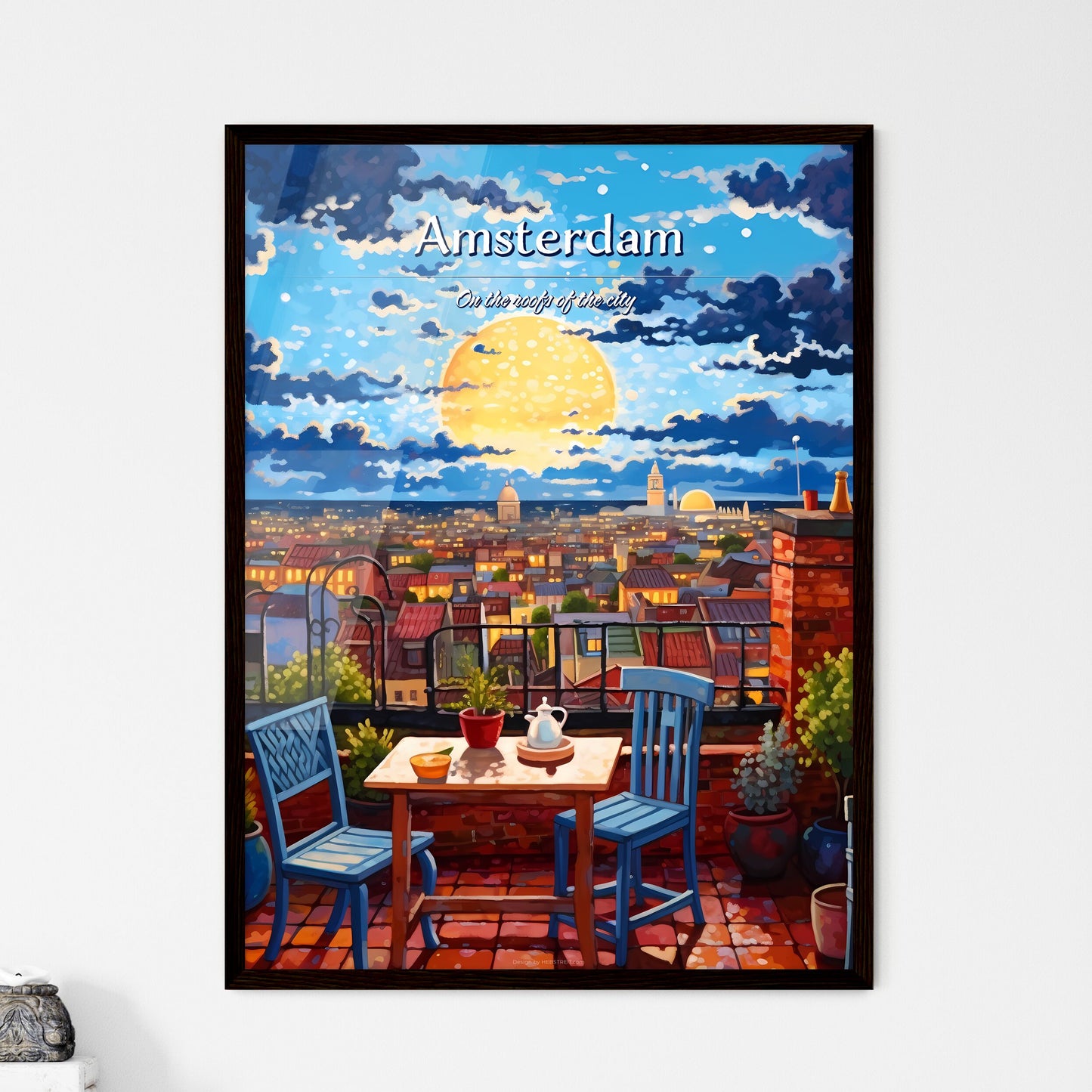 On the roofs of Amsterdam - Art print of a painting of a rooftop terrace with a table and chairs and a full moon in the sky Framed Art