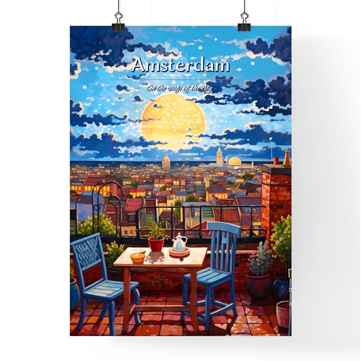 On the roofs of Amsterdam - Art print of a painting of a rooftop terrace with a table and chairs and a full moon in the sky Default Title