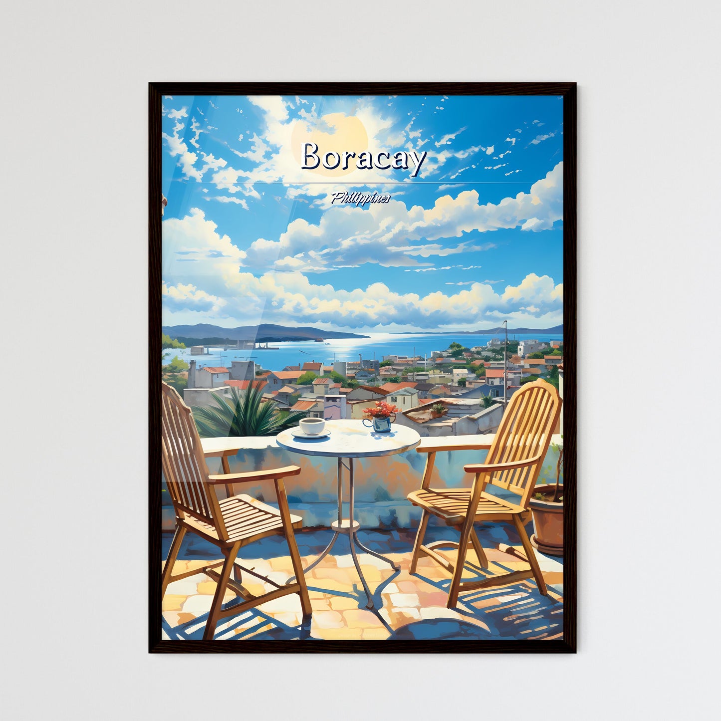 On the roofs of Boracay, Philippines - Art print of a table and chairs on a balcony overlooking a city Framed Art
