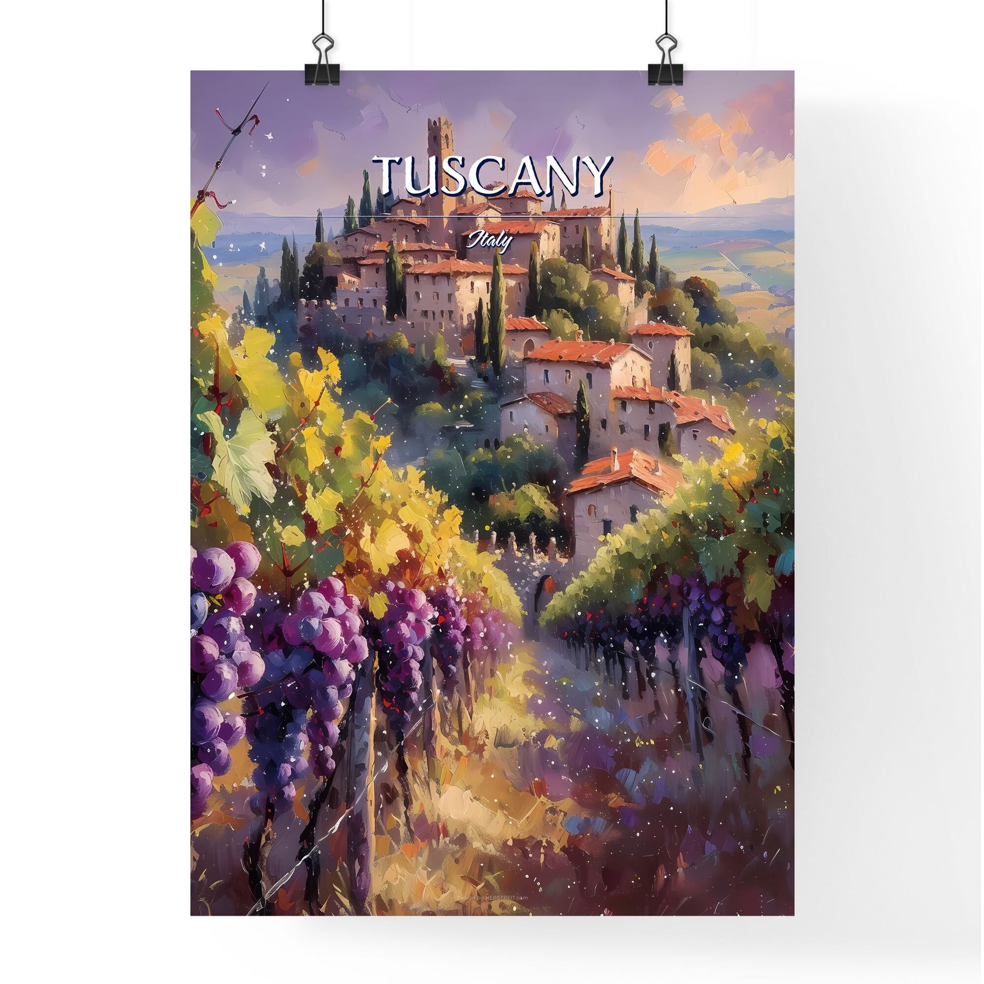 Tuscany, Italy - Art print of a painting of a town on a hill with grapes Default Title