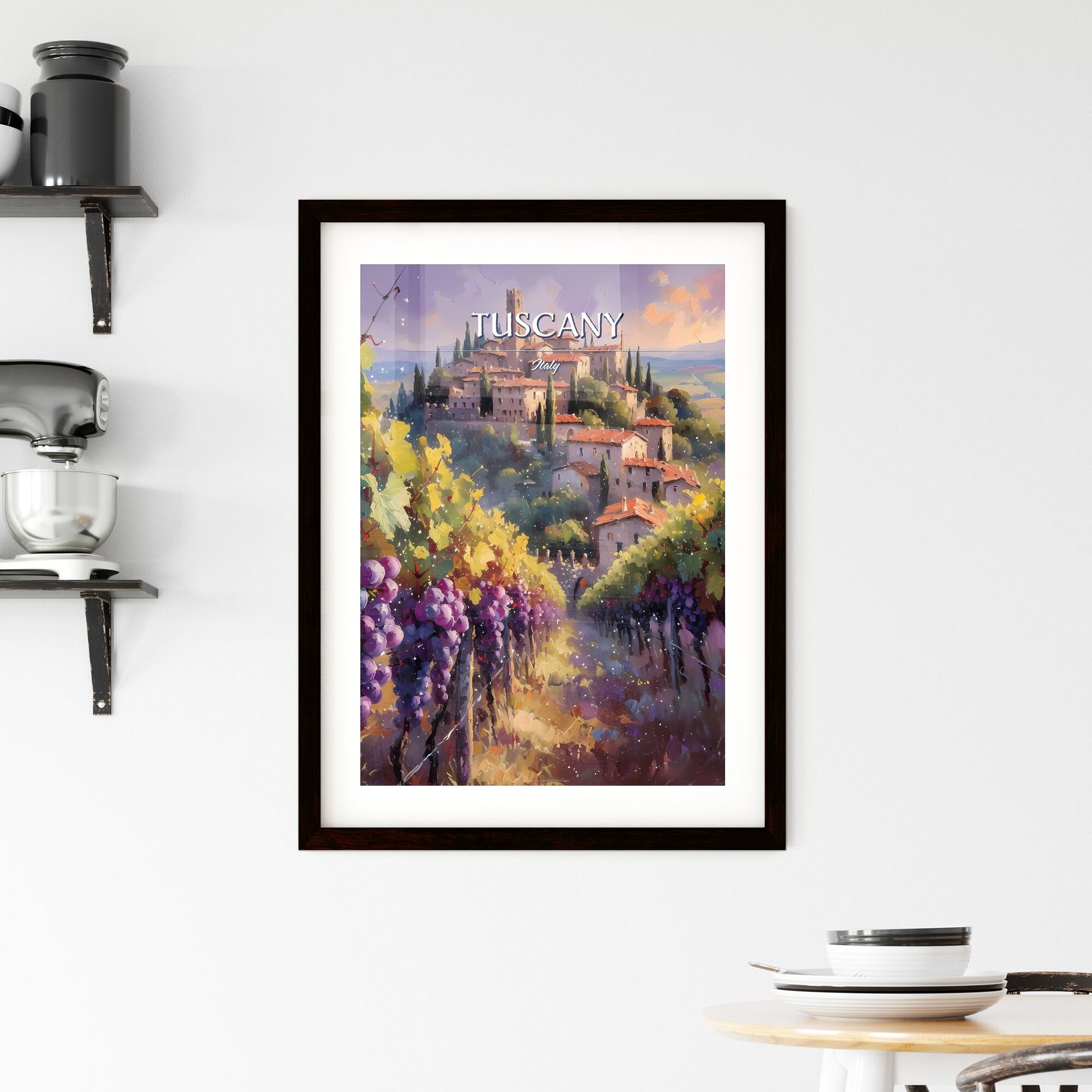 Tuscany, Italy - Art print of a painting of a town on a hill with grapes Default Title