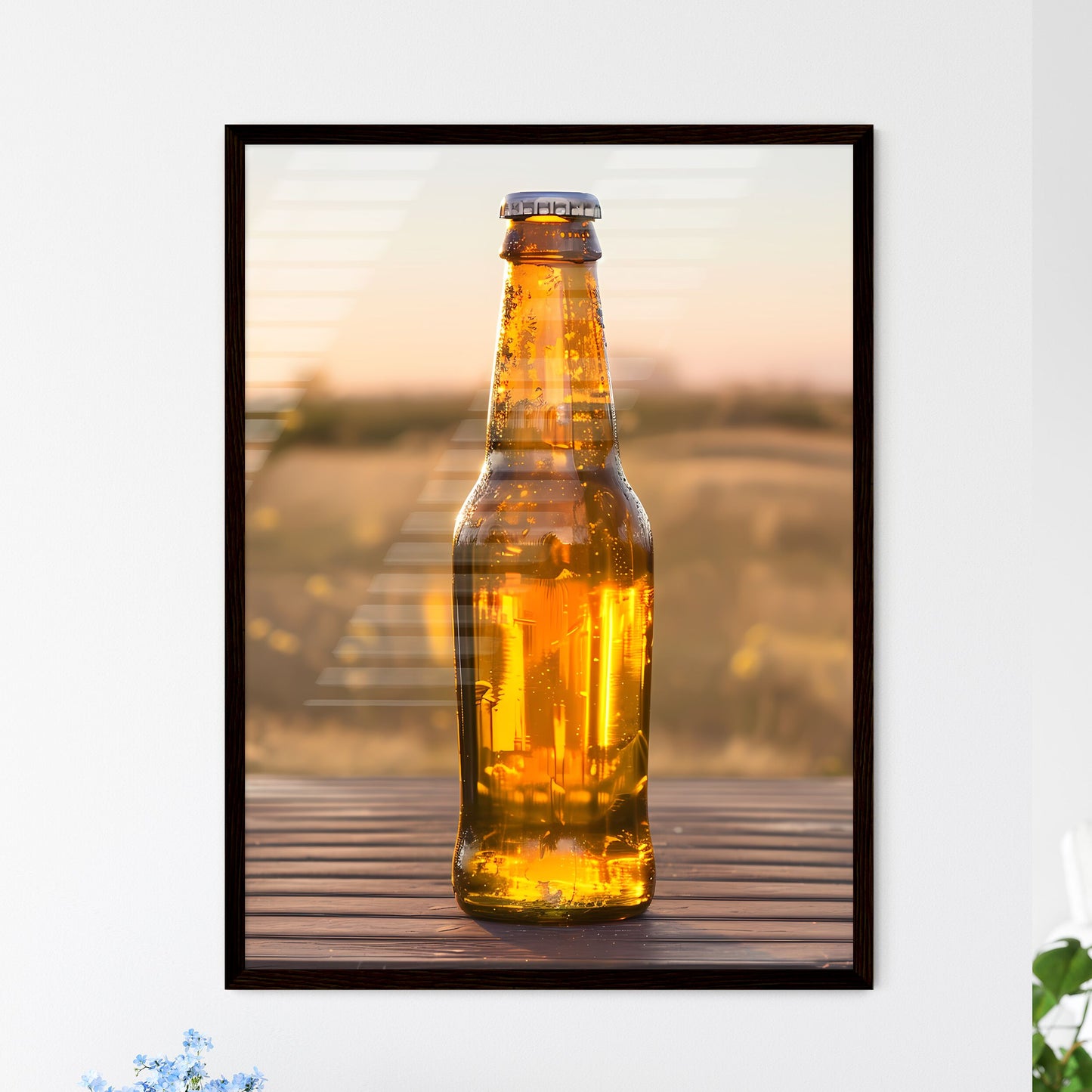 An empty beer bottle stands on a wooden tabl - Framed Art Print