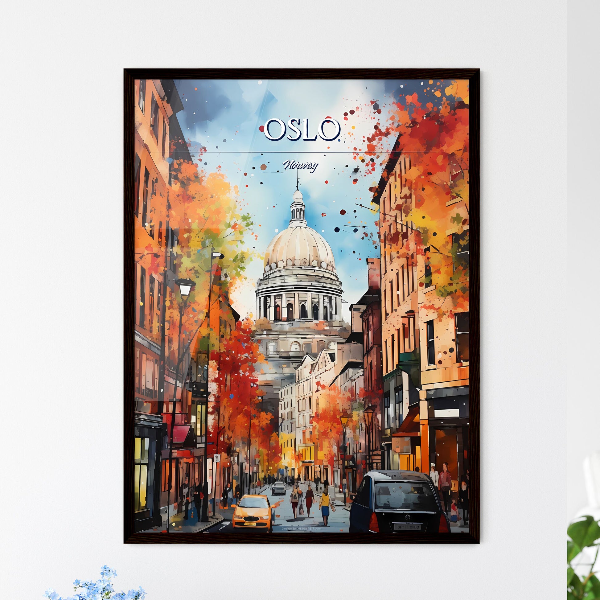 Oslo, Norway - Art print of a street with cars and a dome on top Framed Art
