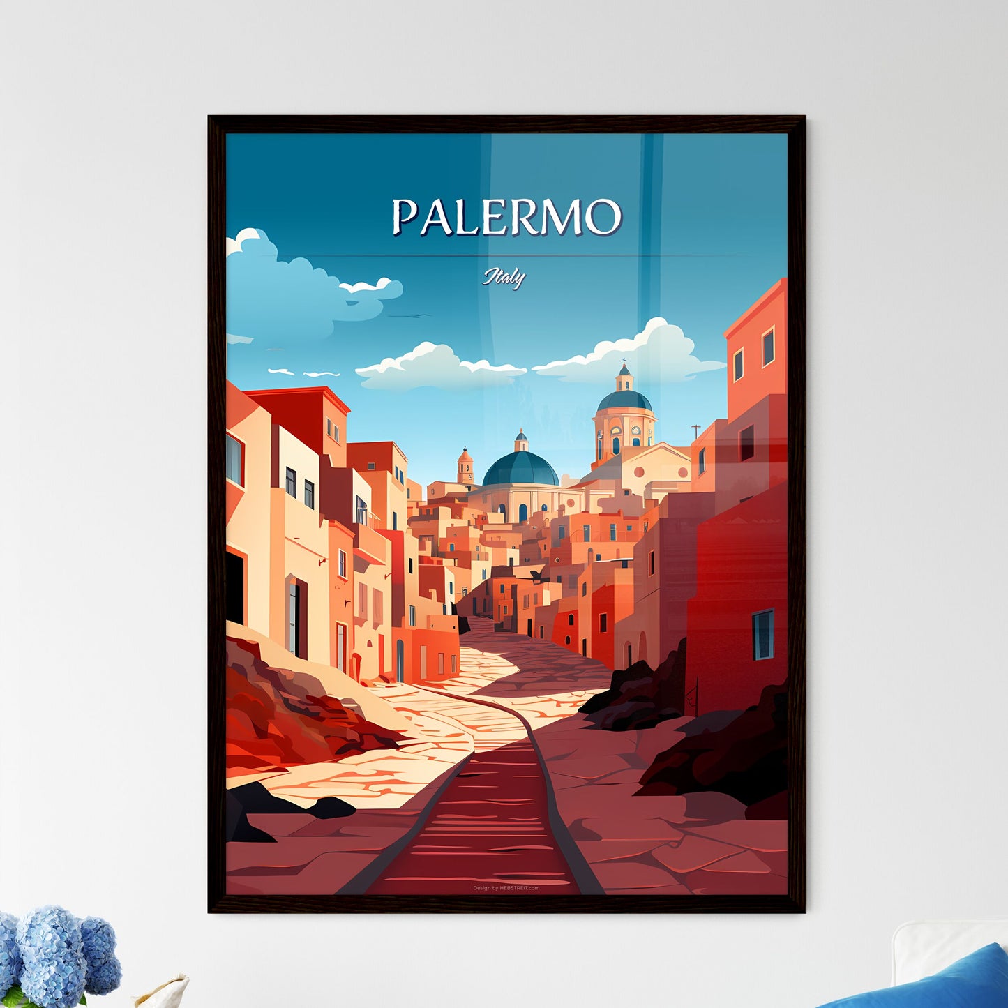 Palermo, Italy - Art print of a street with buildings and a blue sky Framed Art
