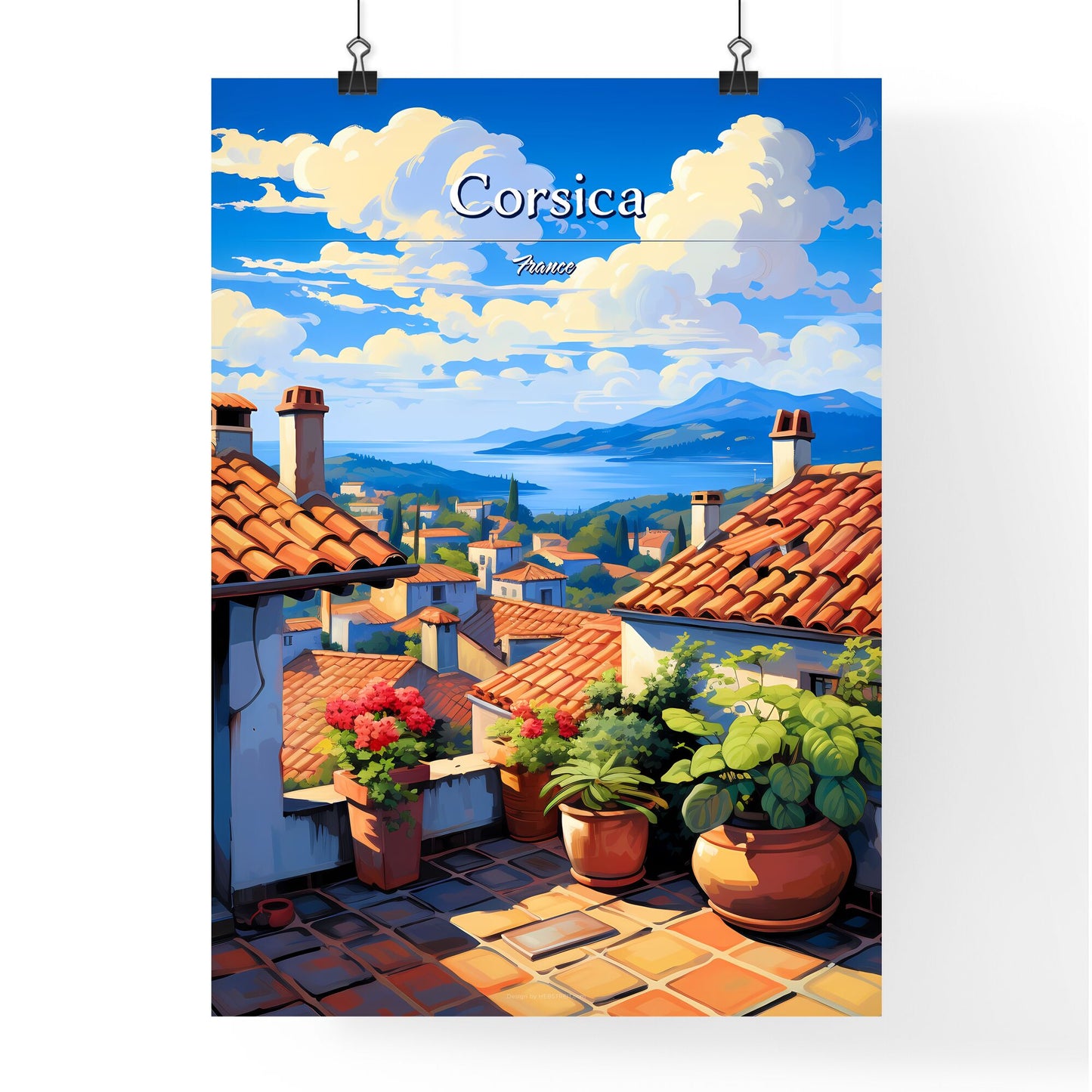 On the roofs of Corsica, France - Art print of a rooftop of a town with potted plants and a view of the water Default Title