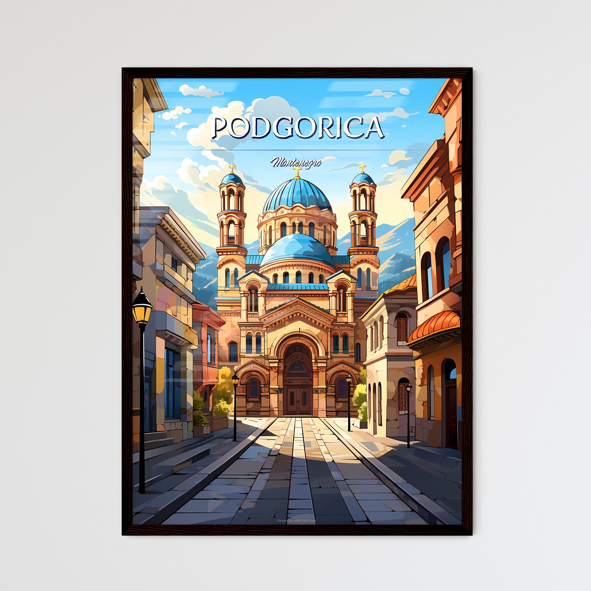 Podgorica, Montenegro - Art print of a street with a building and a blue dome Framed Art