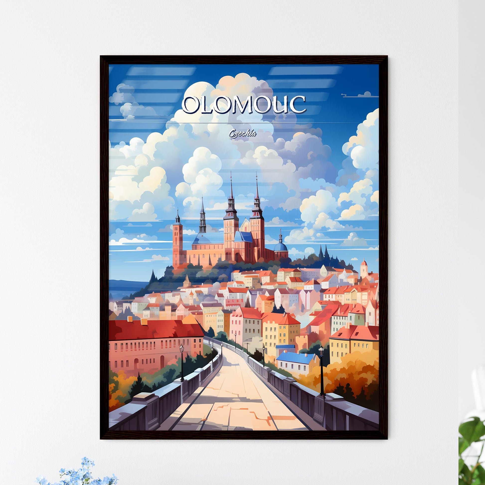 Olomouc, Czechia - Art print of a city with a castle on top Framed Art