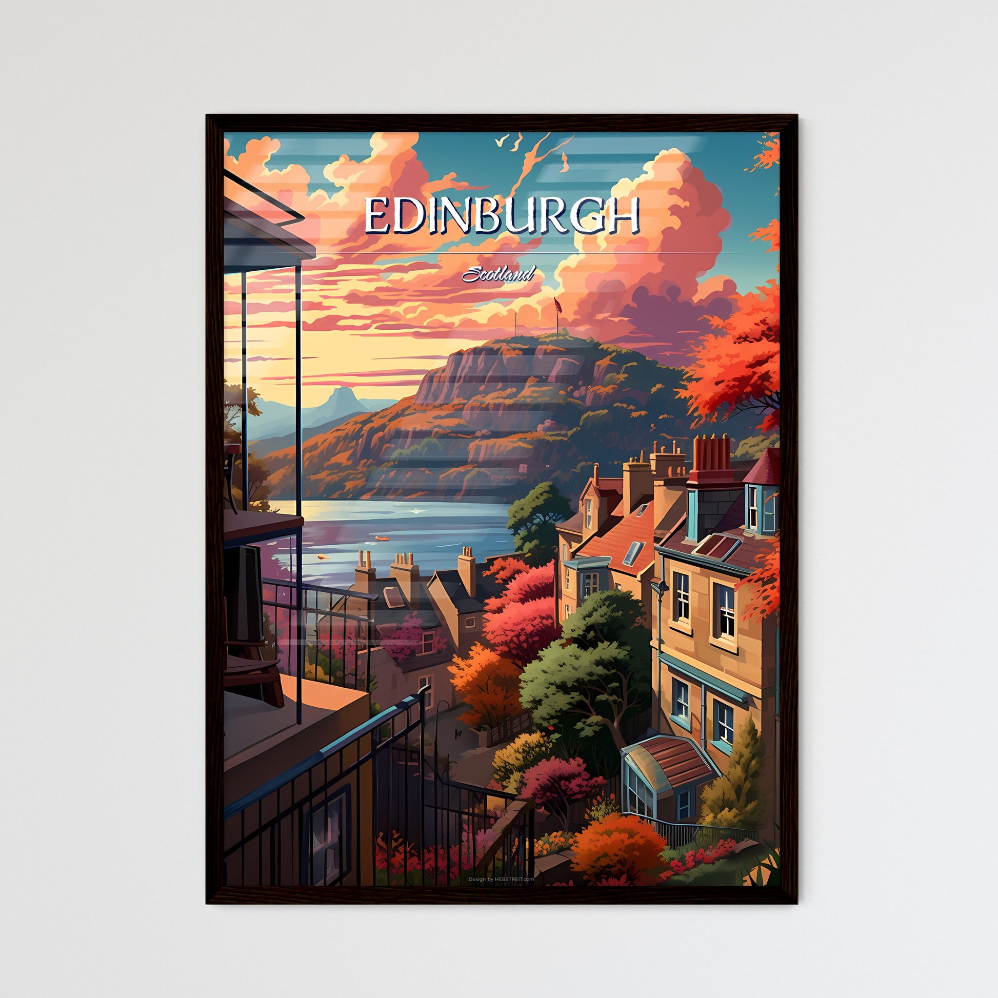 Edinburgh, Scotland - Art print of a view of a town from a balcony overlooking a lake Framed Art