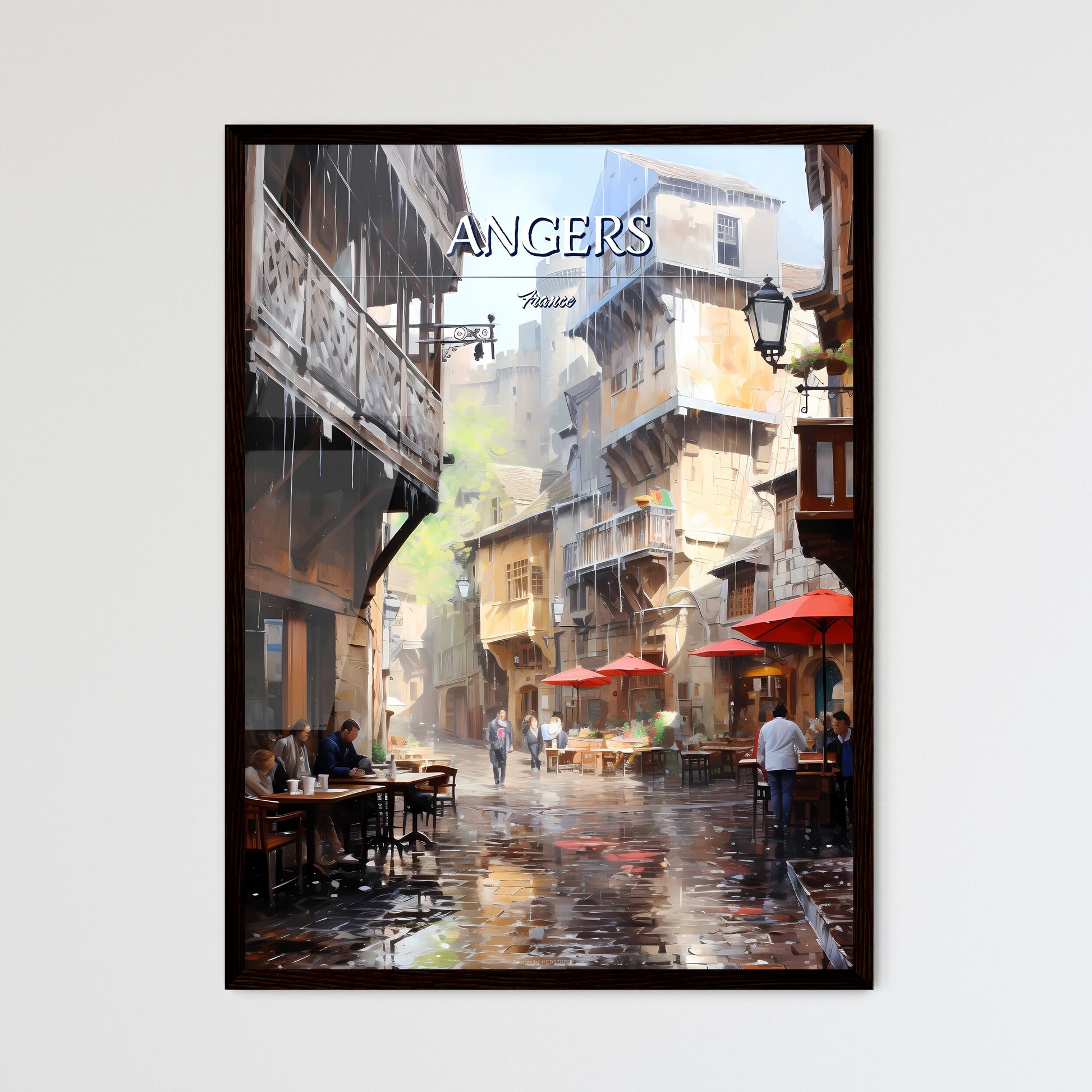 Angers, France - Art print of a street with tables and umbrellas in a rainy day Framed Art