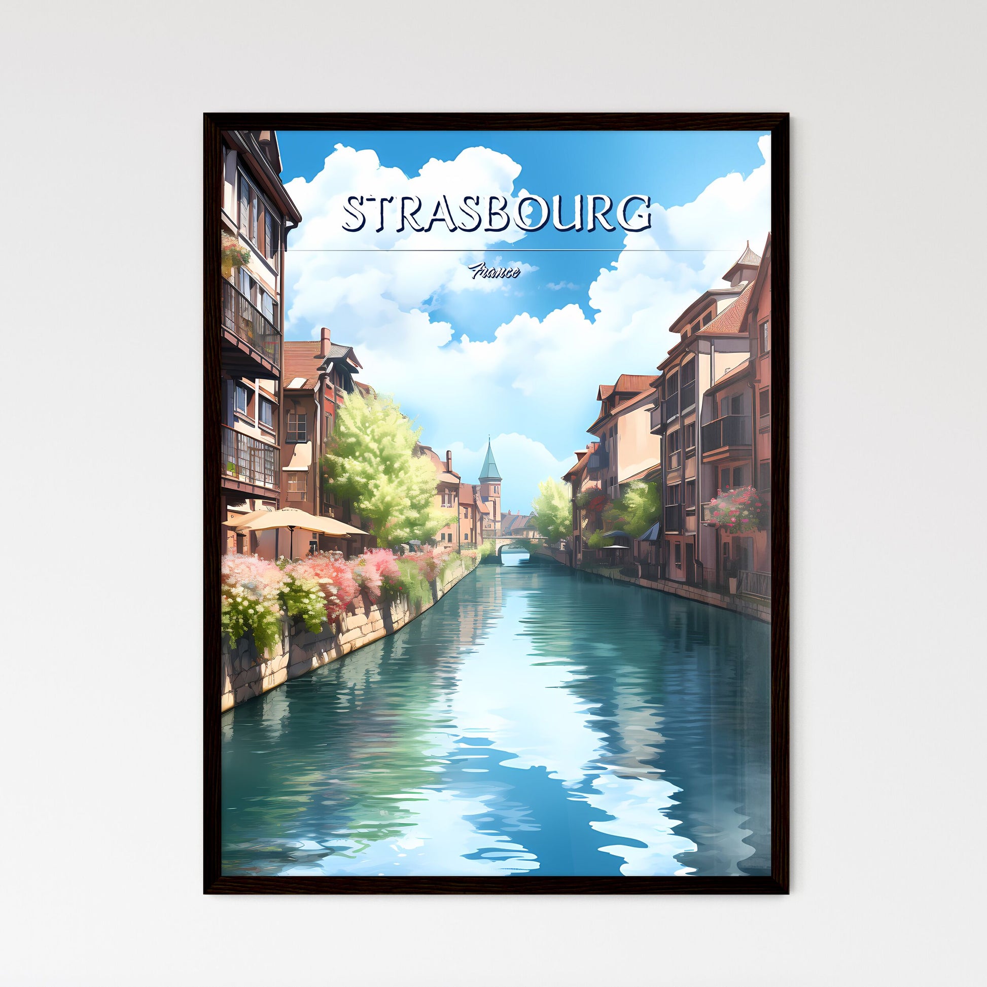 Strasbourg, France - Art print of a canal with buildings and flowers Framed Art