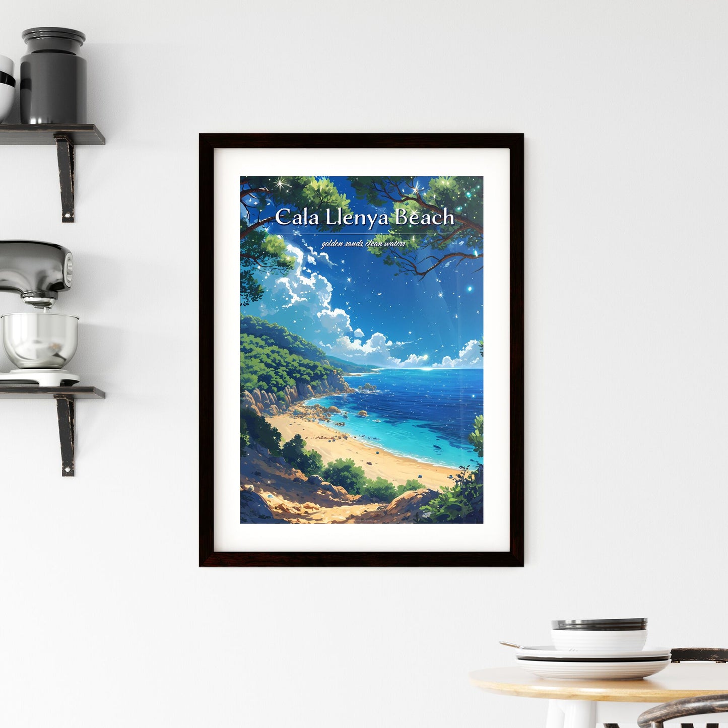 Cala Llenya Beach - Art print of a beach with trees and a blue ocean Default Title