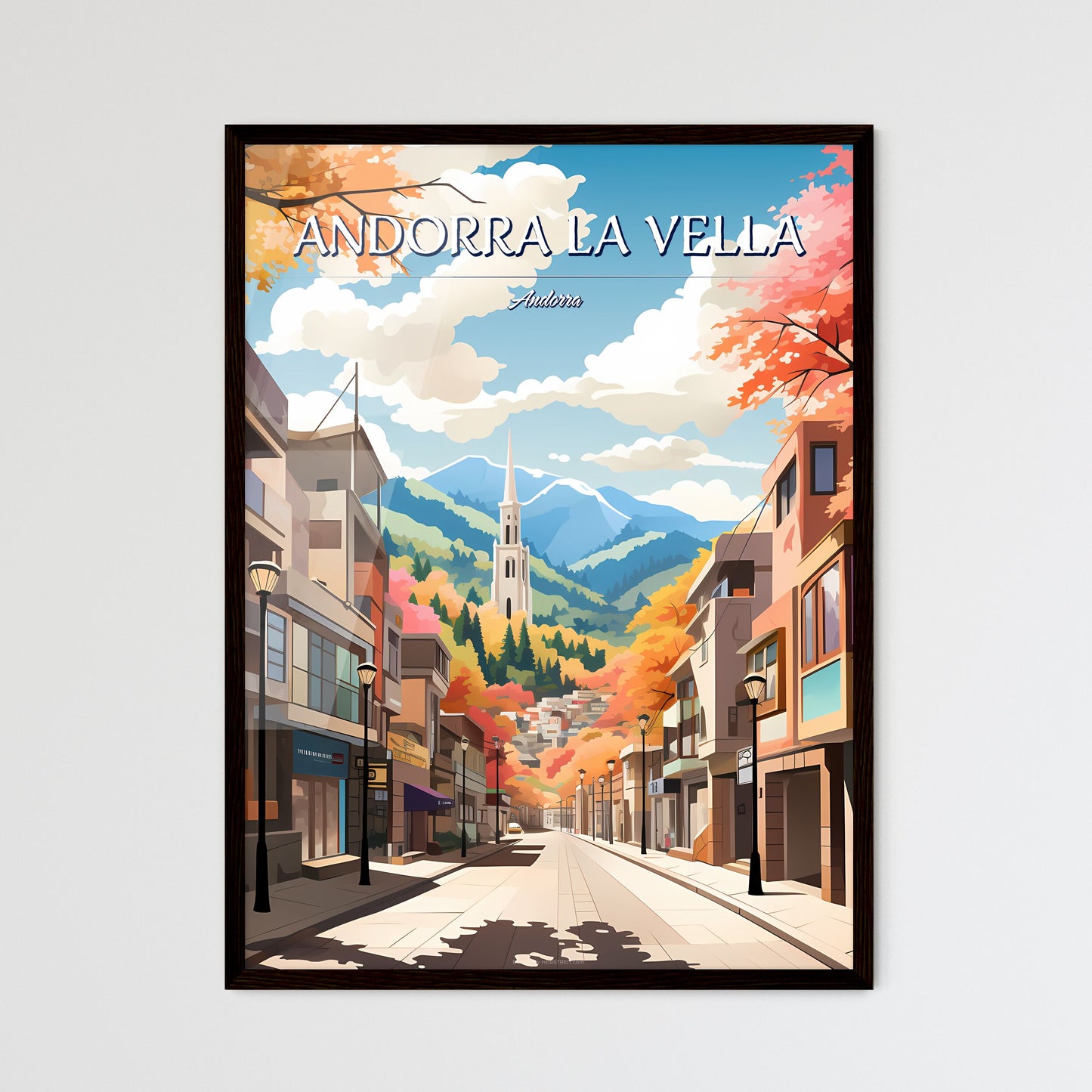 Andorra la Vella, Andorra - Art print of a street with buildings and trees in the background Framed Art