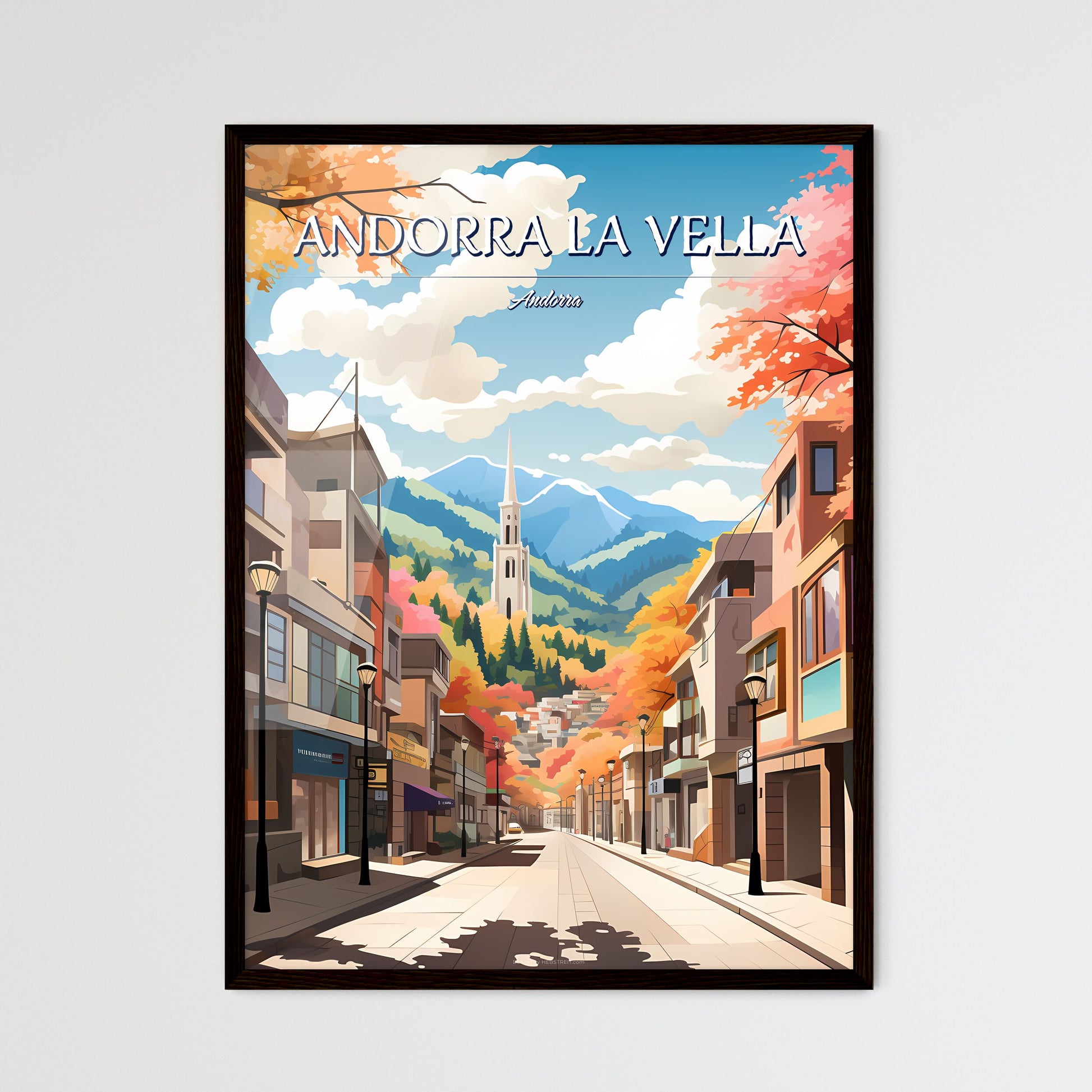 Andorra la Vella, Andorra - Art print of a street with buildings and trees in the background Framed Art