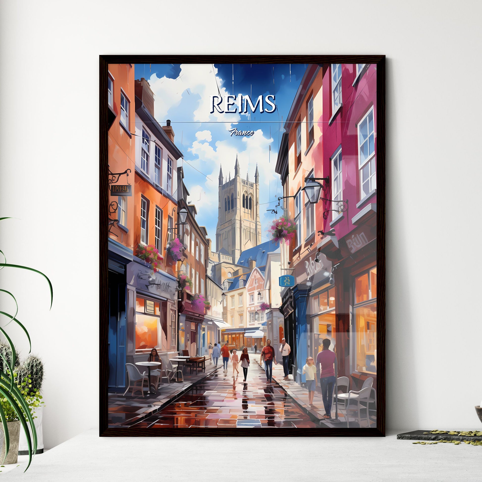 Reims, France - Art print of a street with people walking down it Framed Art