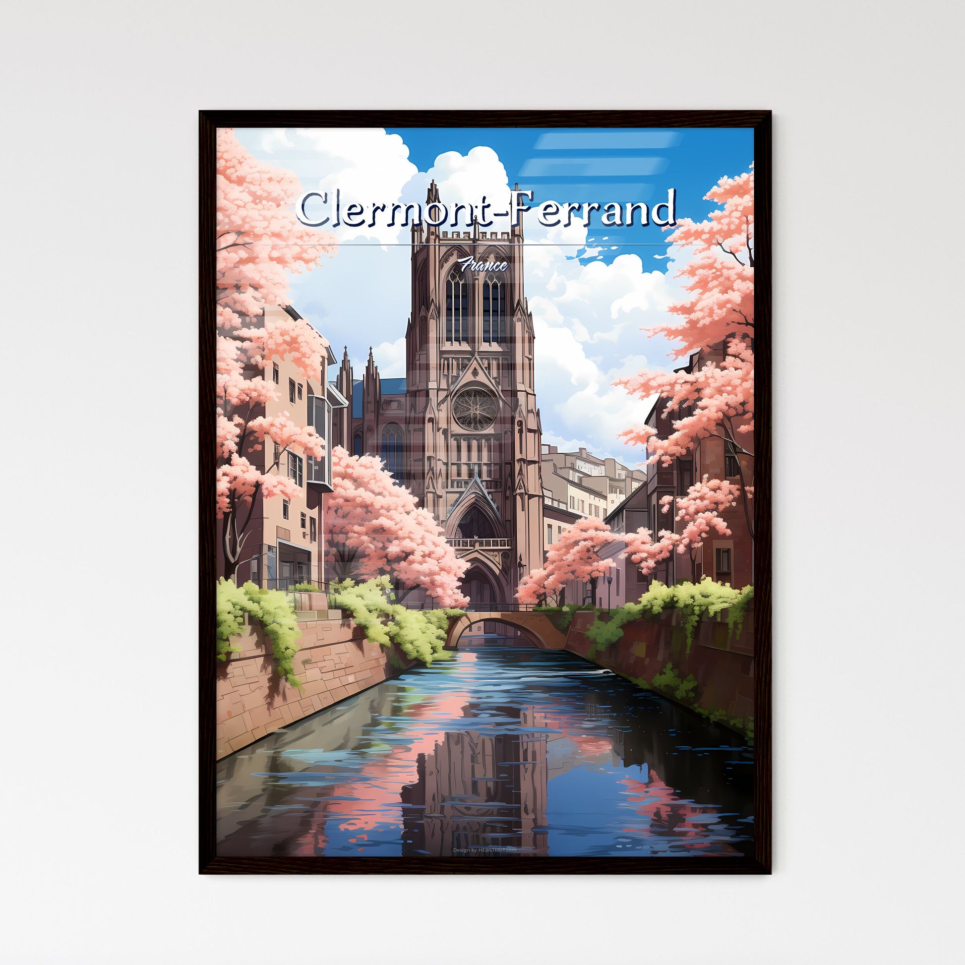 Clermont-Ferrand, France - Art print of a water way between buildings with pink trees Framed Art