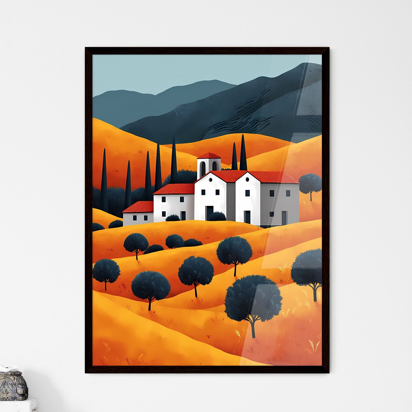 Autumn scenery, yellow wheat fields - Art print of a house in a valley Framed Art