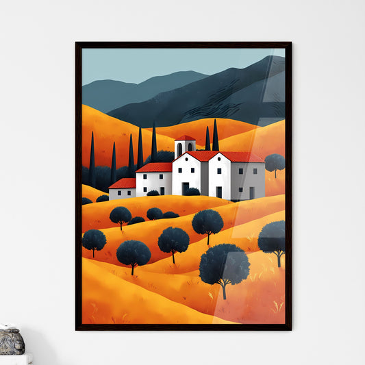 Autumn scenery, yellow wheat fields - Art print of a house in a valley Framed Art