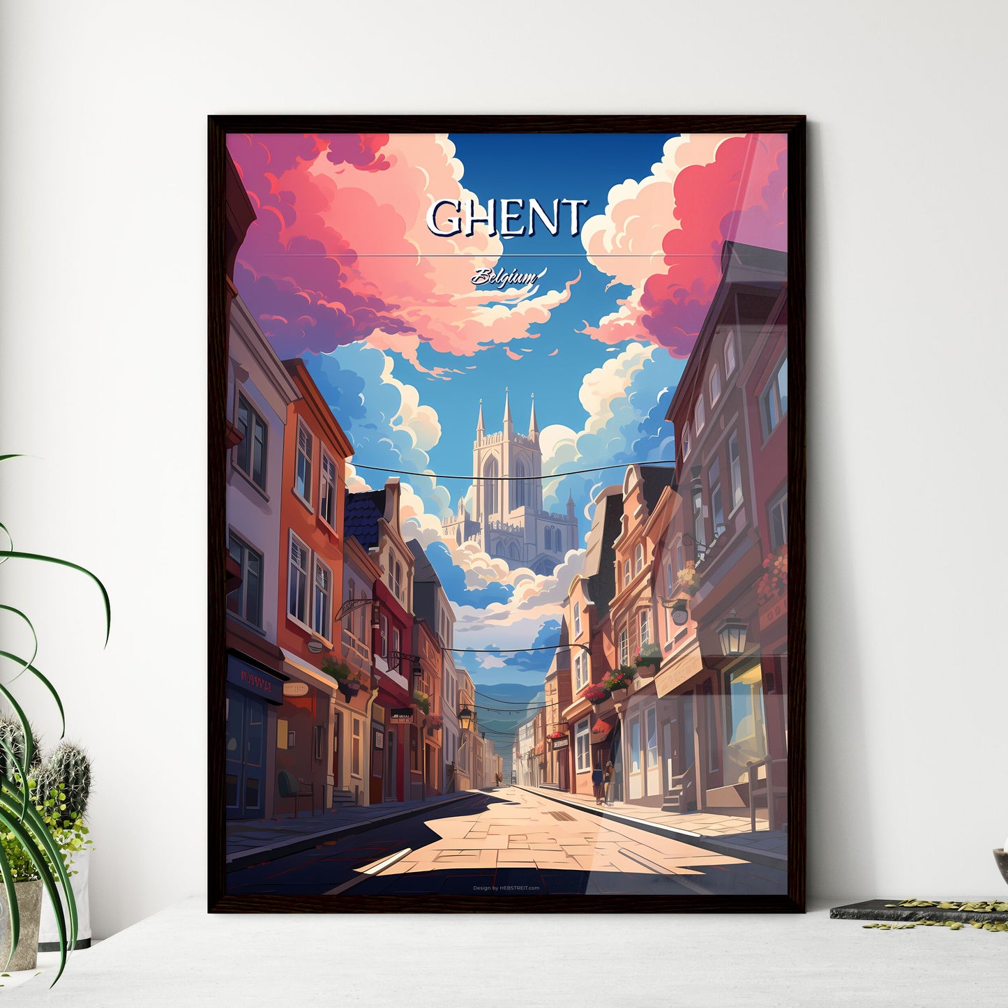 Ghent, Belgium - Art print of a street with buildings and a castle in the sky Framed Art