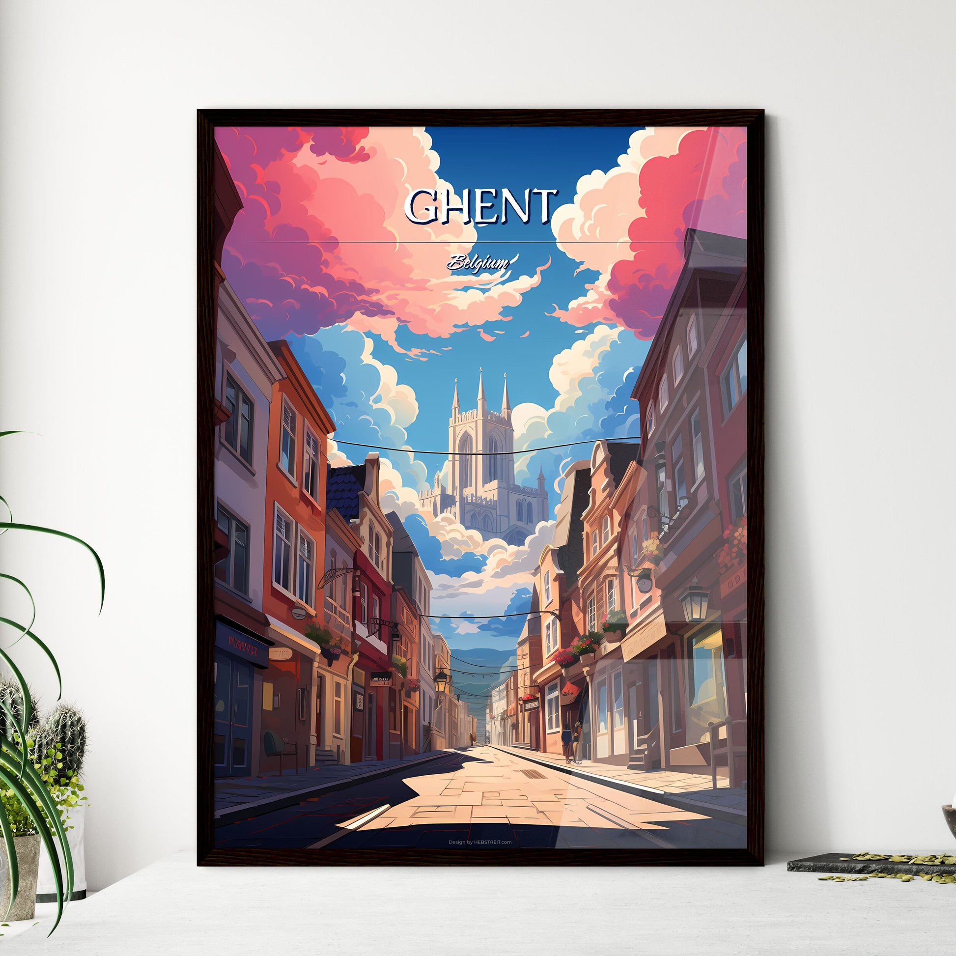 Ghent, Belgium - Art print of a street with buildings and a castle in the sky Framed Art