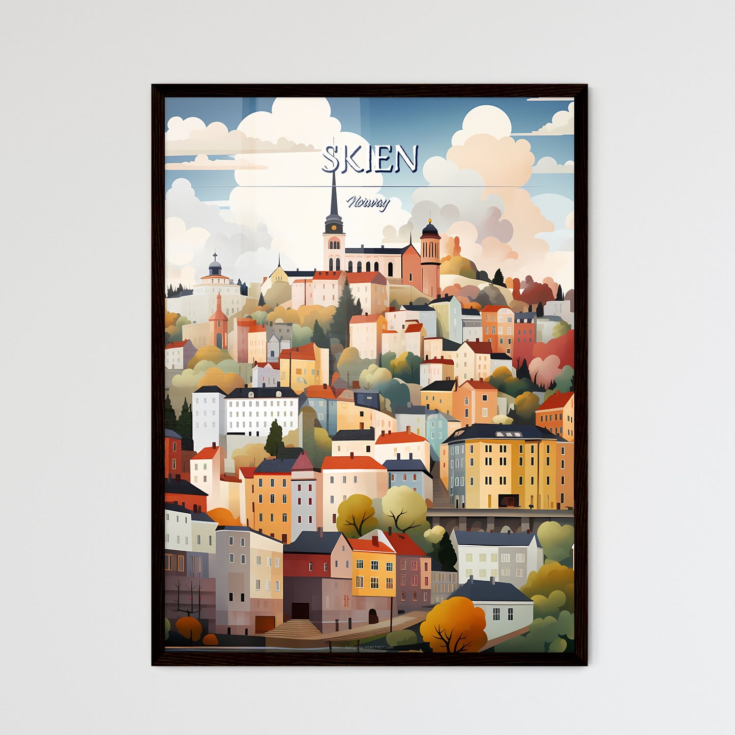 Skien, Norway - Art print of a colorful city landscape with trees and buildings Framed Art