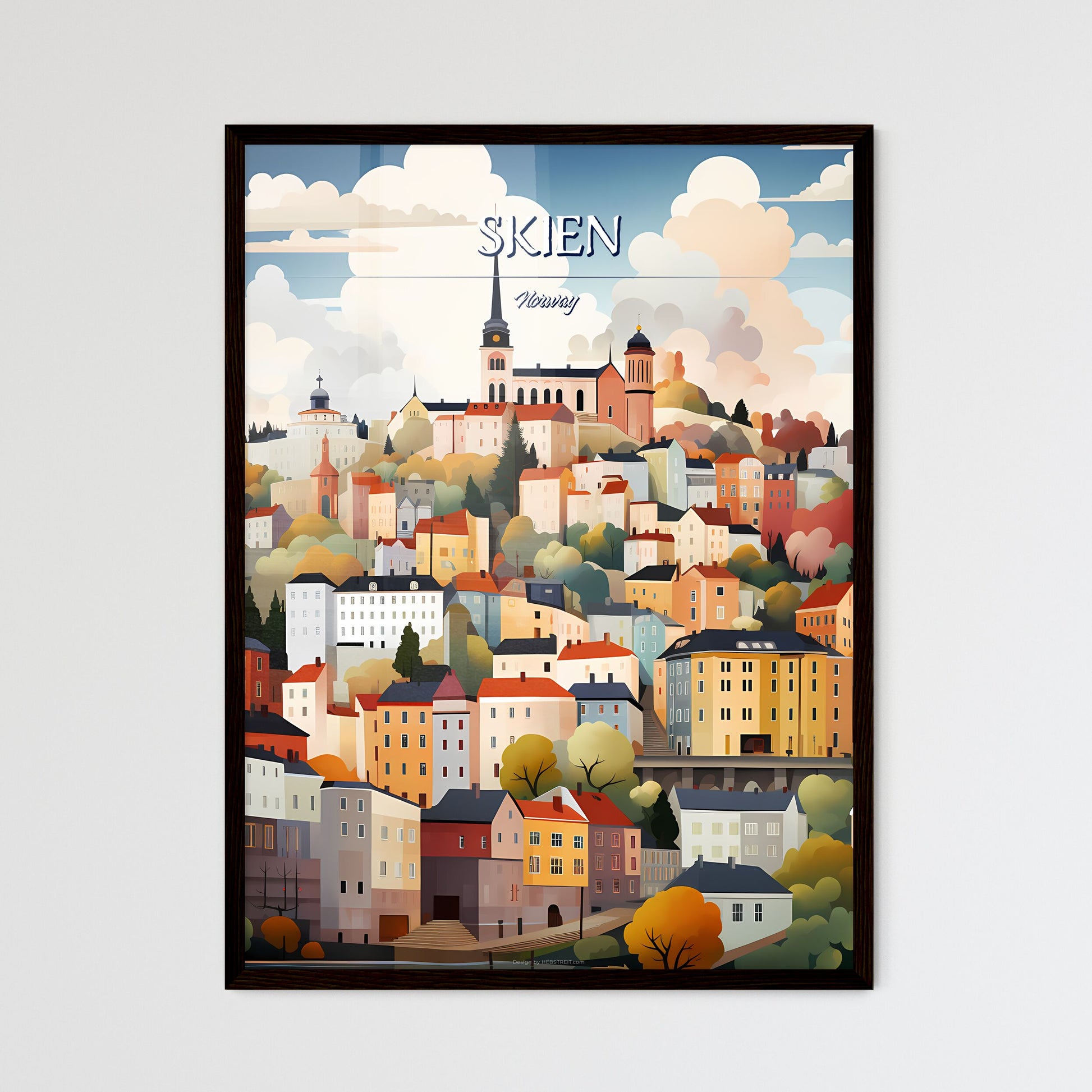 Skien, Norway - Art print of a colorful city landscape with trees and buildings Framed Art