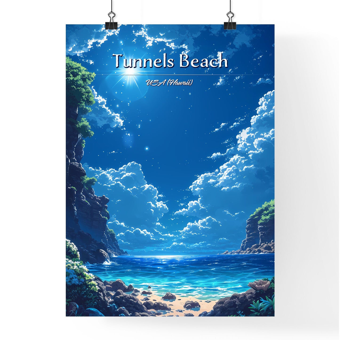 Tunnels Beach, USA (Hawaii) - Art print of a blue sky with clouds and a body of water Default Title