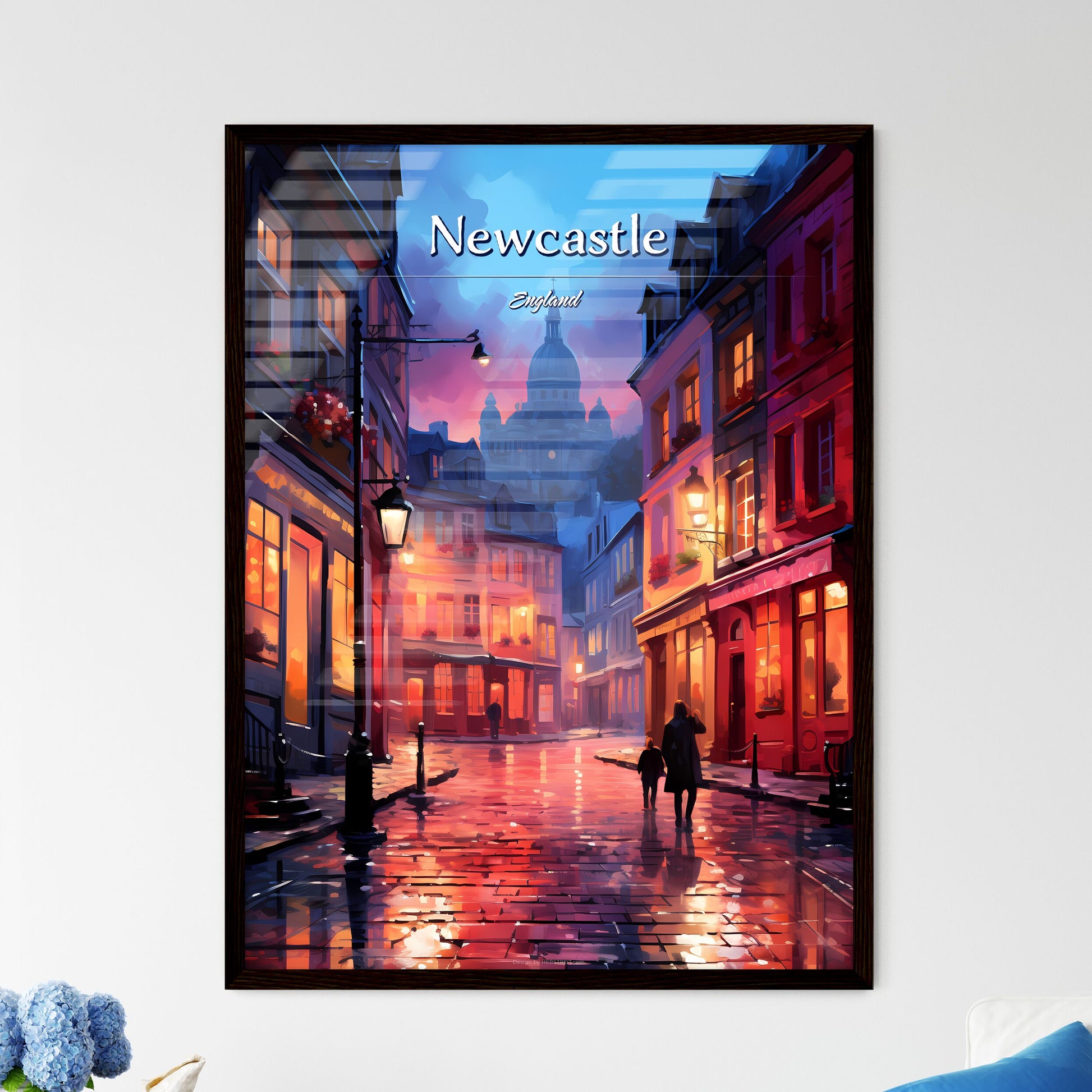 Newcastle upon Tyne, England - Art print of a street with buildings and people walking Framed Art