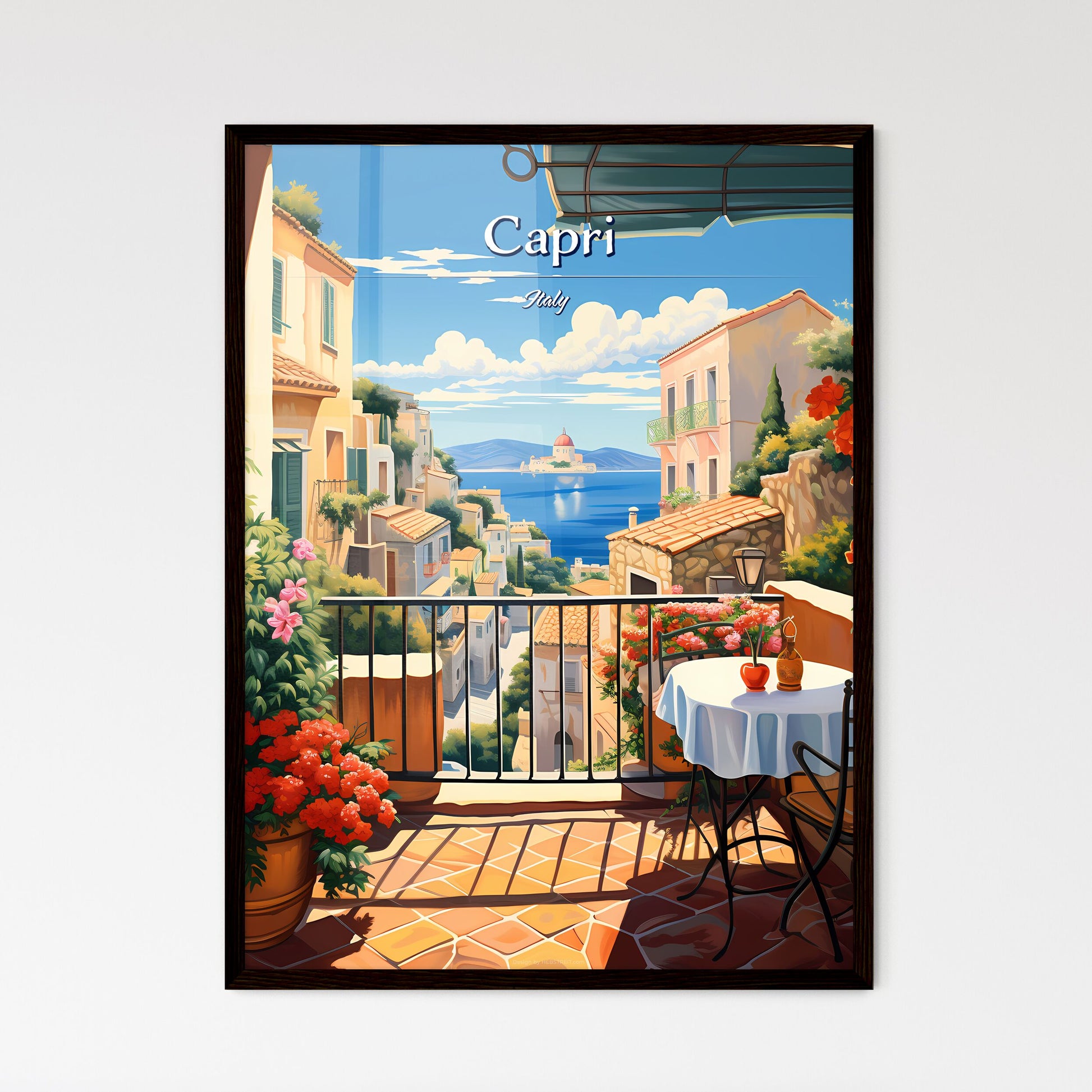 Capri, Italy - Art print of a balcony with a table and chairs and flowers Framed Art