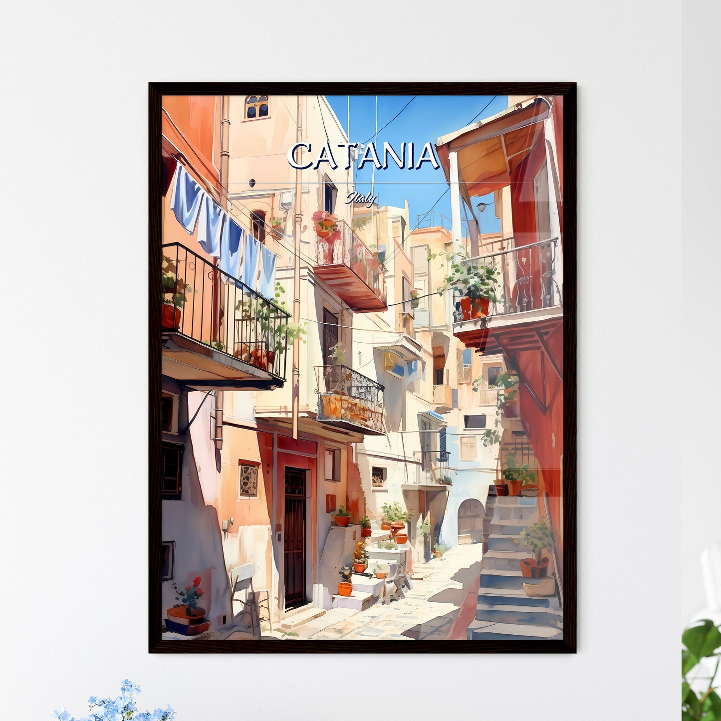 Catania, Italy - Art print of a painting of a courtyard with many buildings and plants Framed Art