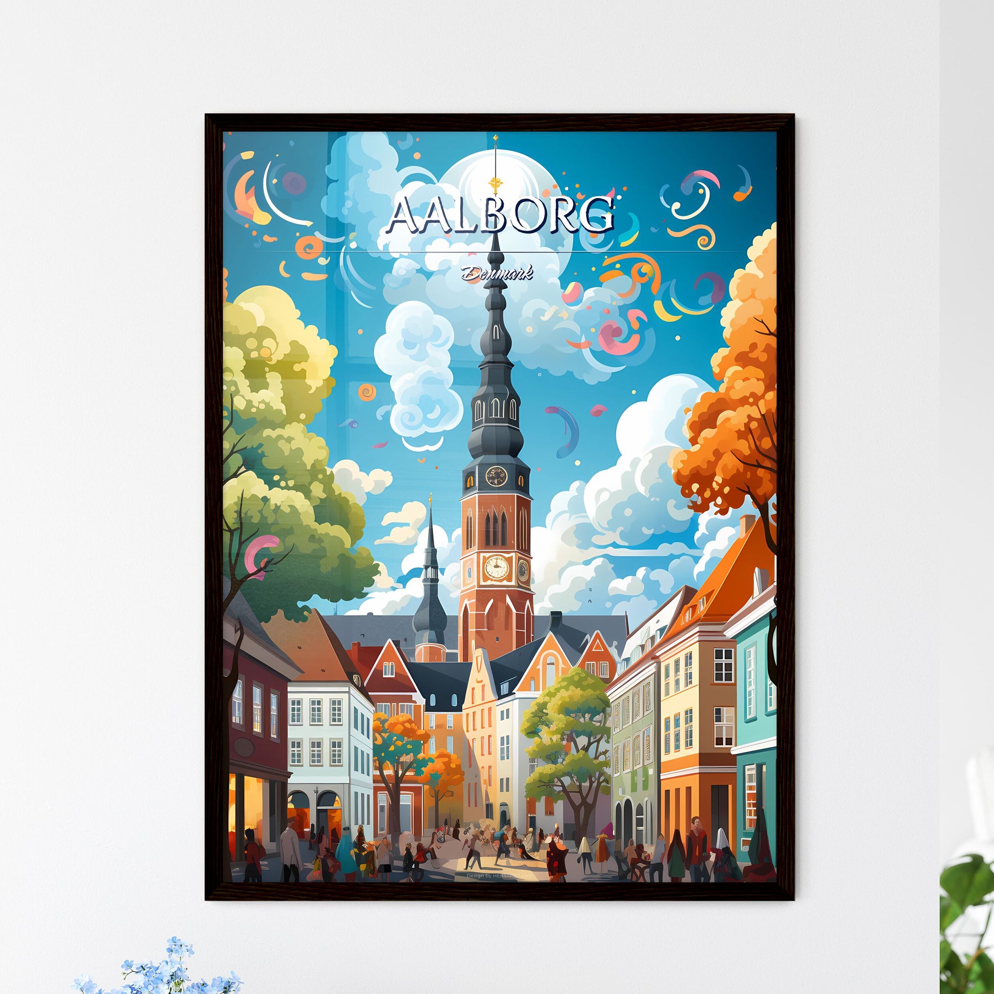 Aalborg, Denmark - Art print of a colorful city with a clock tower Framed Art